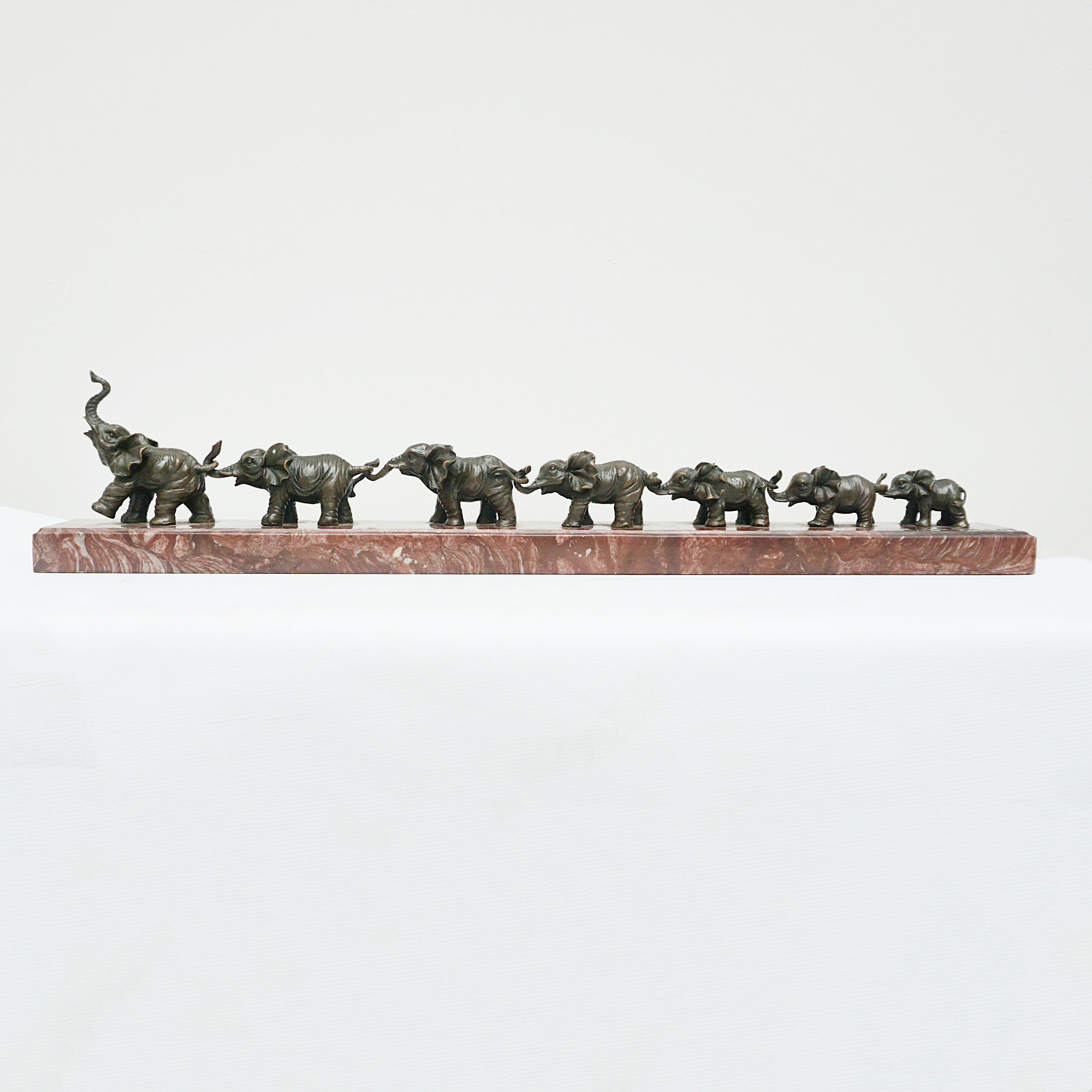 Contemporary Bronze Sculpture of a Herd of Elephants on a Marble Base 2