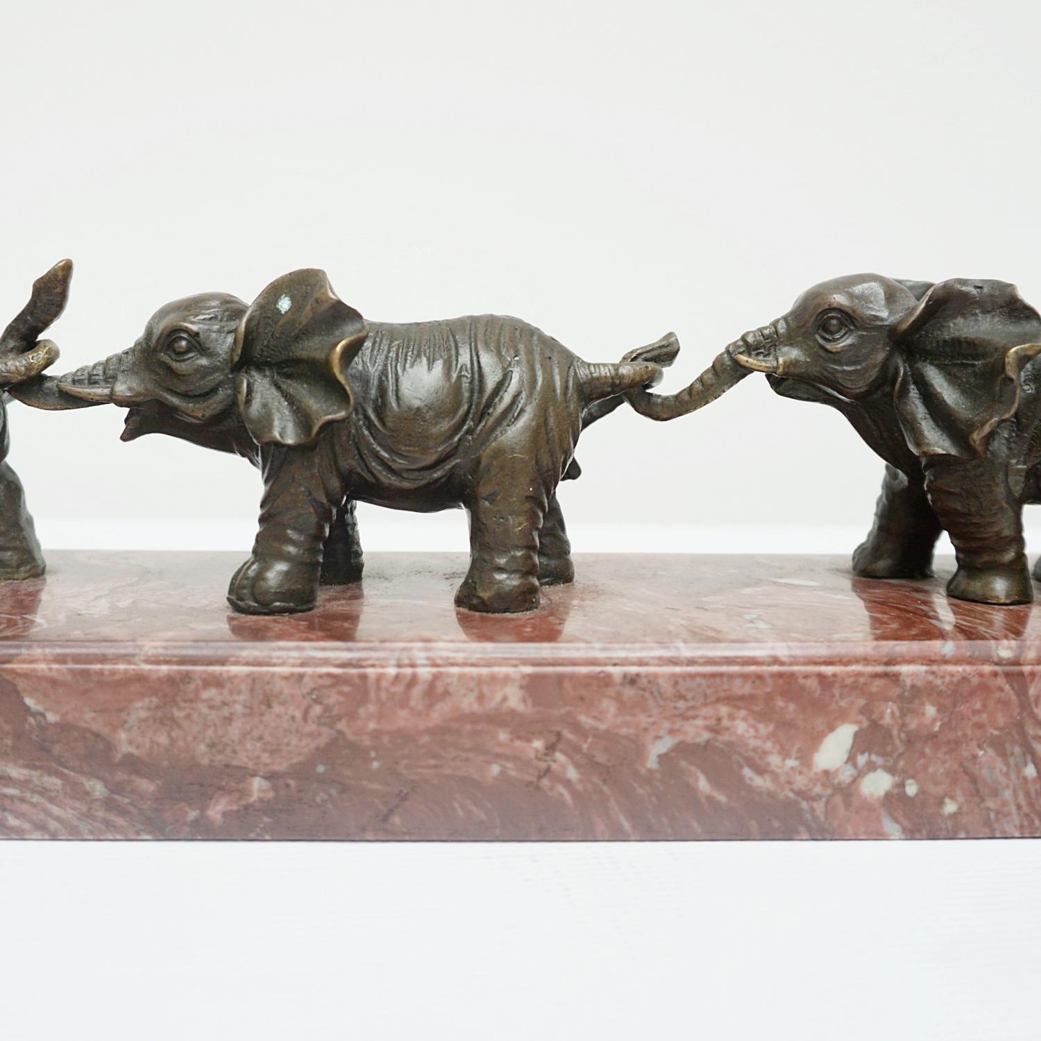 Contemporary Bronze Sculpture of a Herd of Elephants on a Marble Base 3