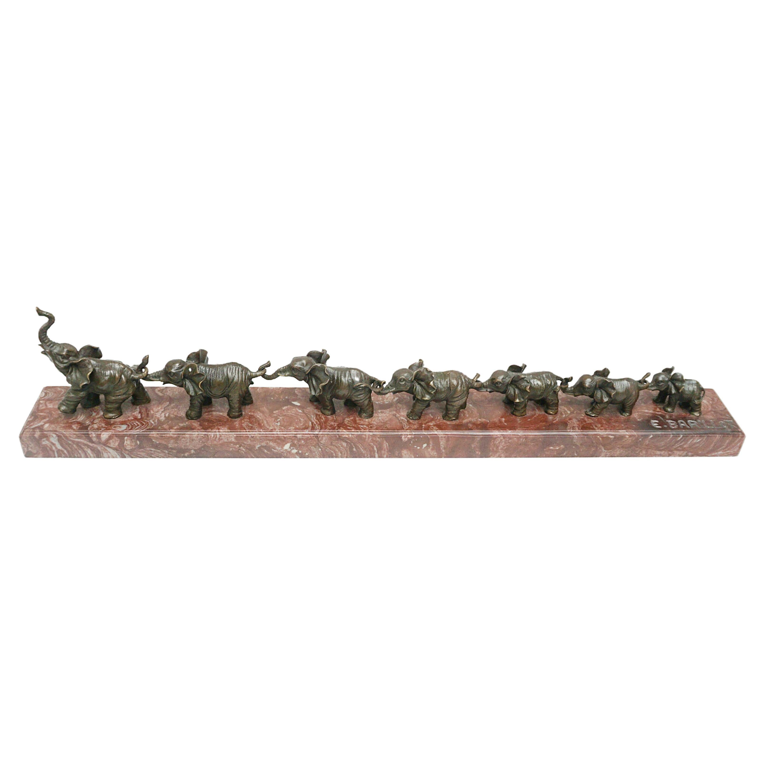 Contemporary Bronze Sculpture of a Herd of Elephants on a Marble Base