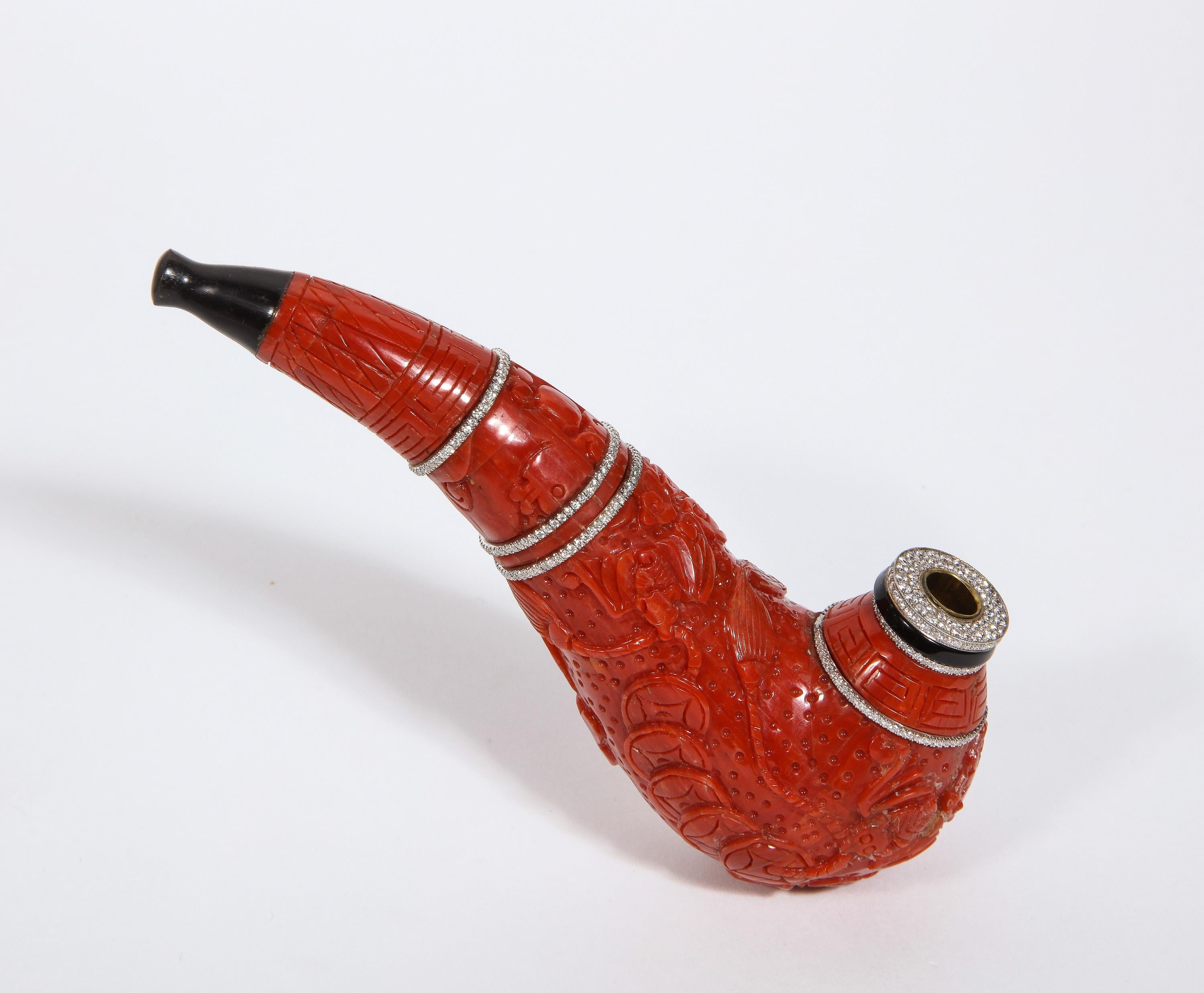 Chinese Contemporary Coral, 18K Gold, Diamonds, and Onyx Pipe For Sale