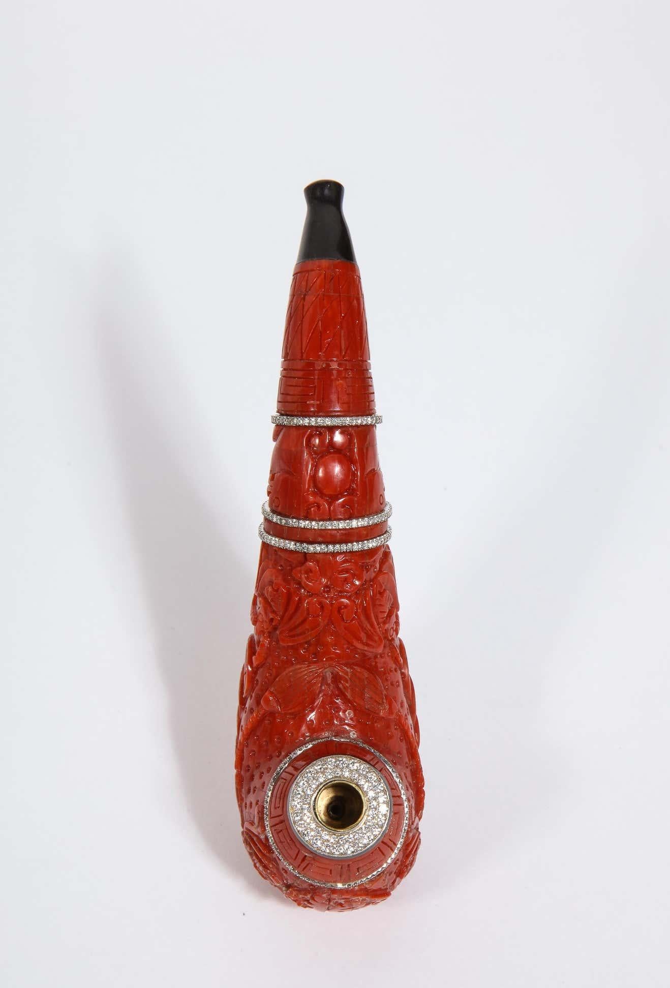 Brilliant Cut Contemporary Coral, 18k Gold, Diamonds, and Onyx Pipe For Sale