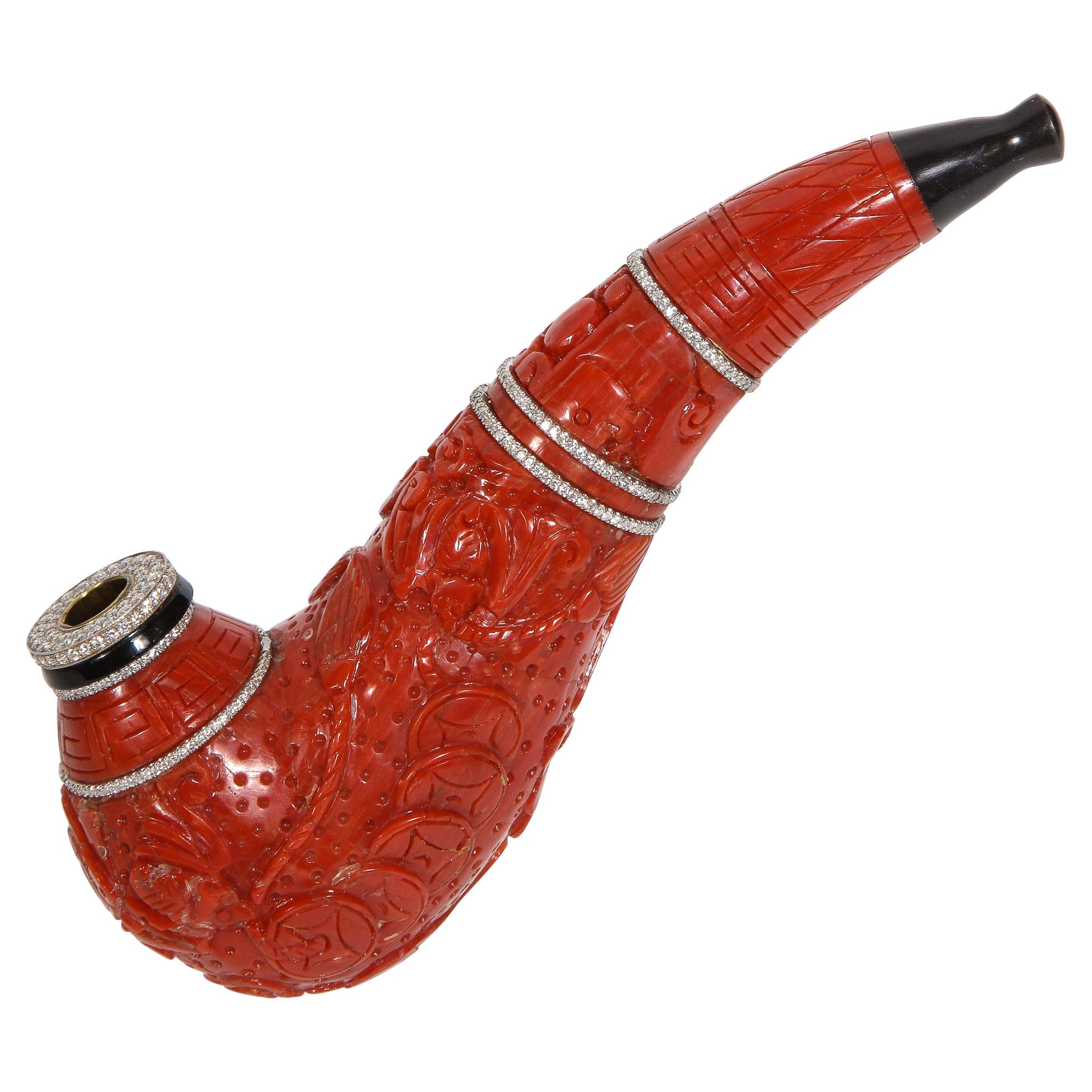 Contemporary Coral, 18K Gold, Diamonds, and Onyx Pipe For Sale