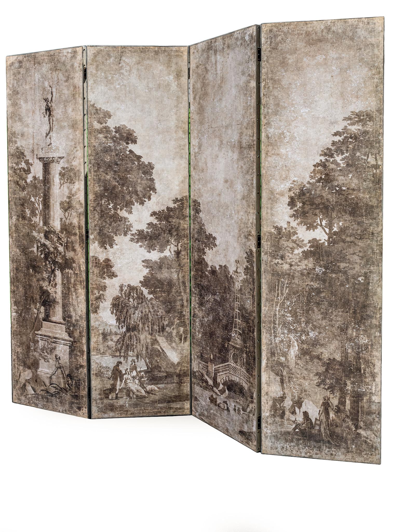 Contemporary Decorative Double Sided 4-Panel Grisaille Screen 5