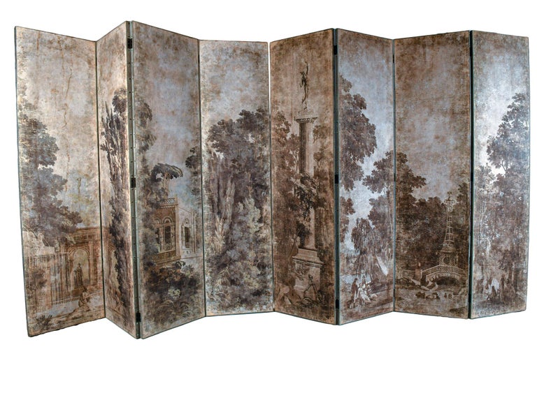 Classical Roman Contemporary Decorative Double Sided 4-Panel Grisaille Screen