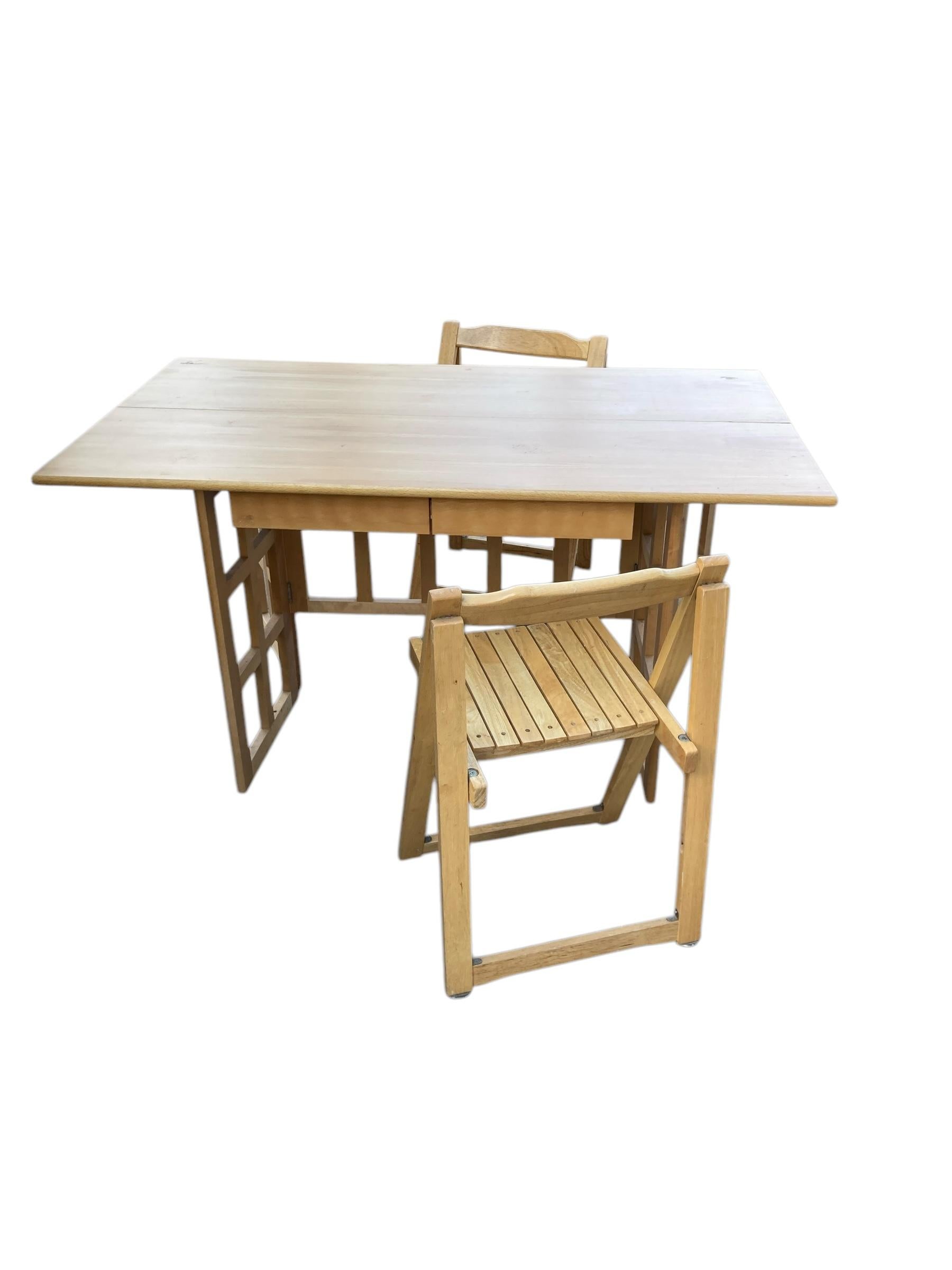 A Contemporary Folding Beechwood Desk with Two Drawers and two Folding Chairs For Sale 5
