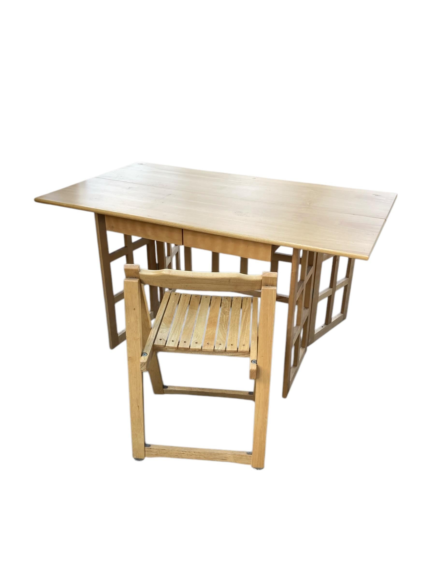 A Contemporary Folding Beechwood Desk with Two Drawers and two Folding Chairs For Sale 6