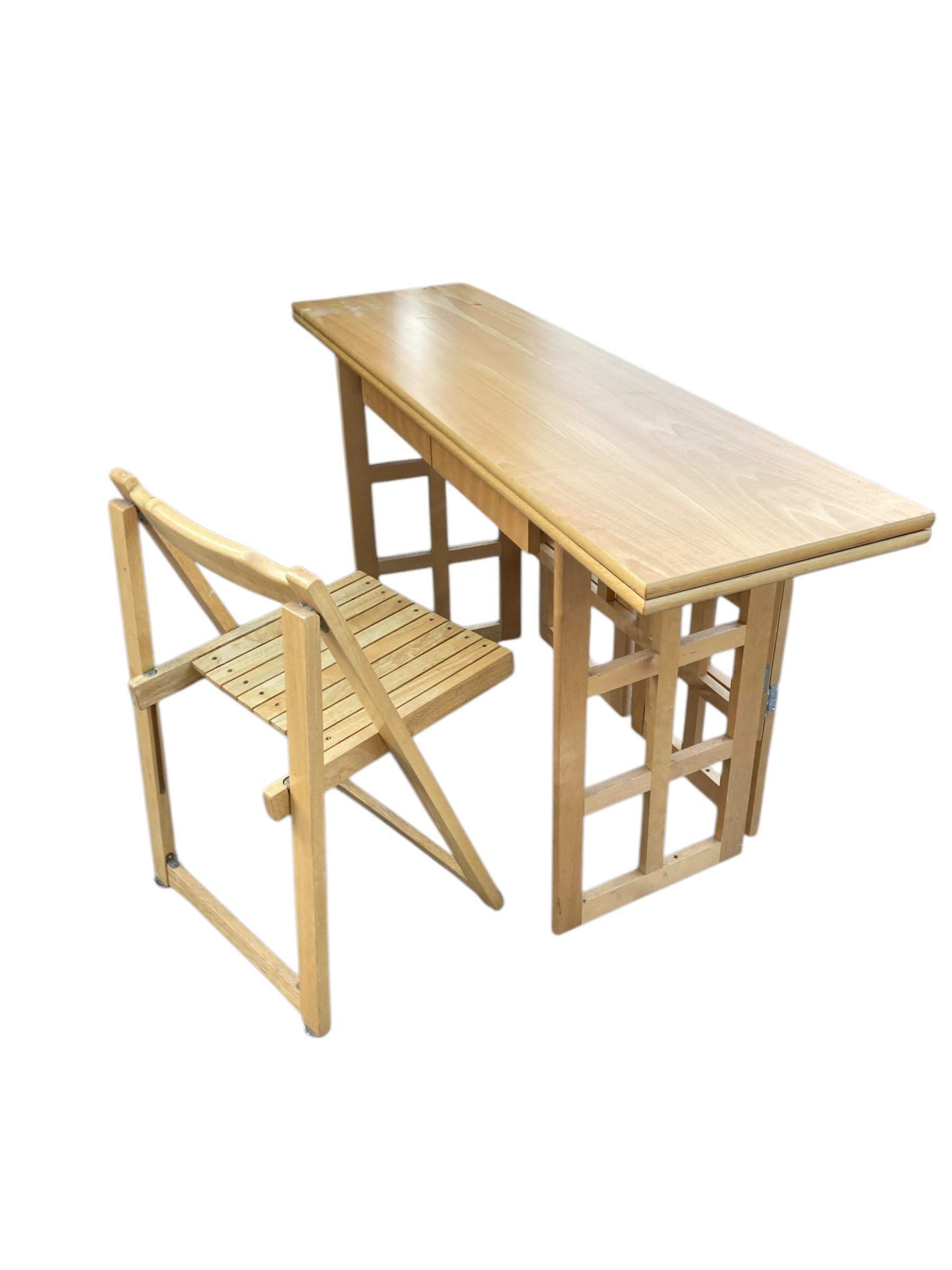 A Contemporary Folding Beechwood Desk with Two Drawers and two Folding Chairs For Sale 1