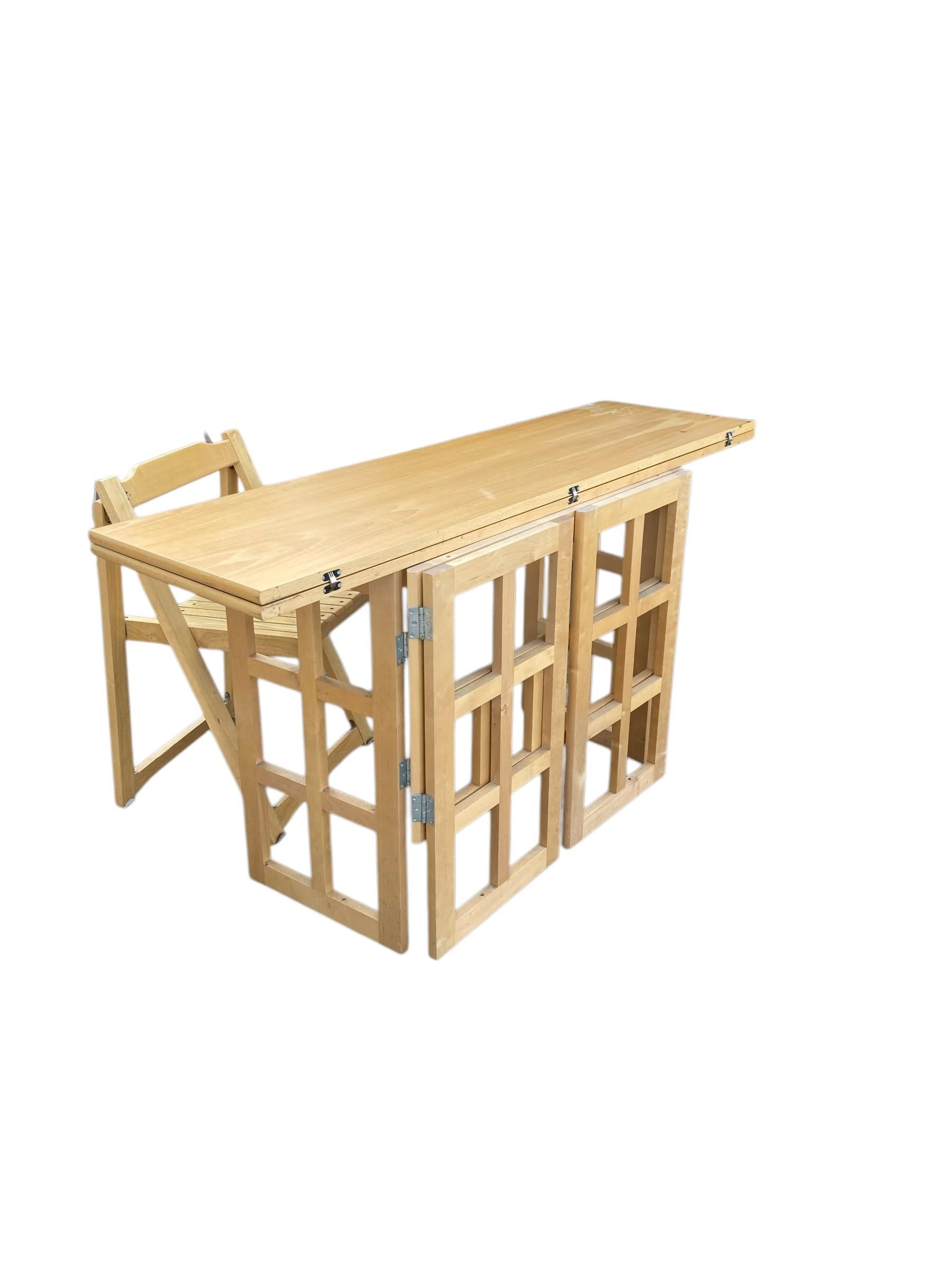 A Contemporary Folding Beechwood Desk with Two Drawers and two Folding Chairs For Sale 3