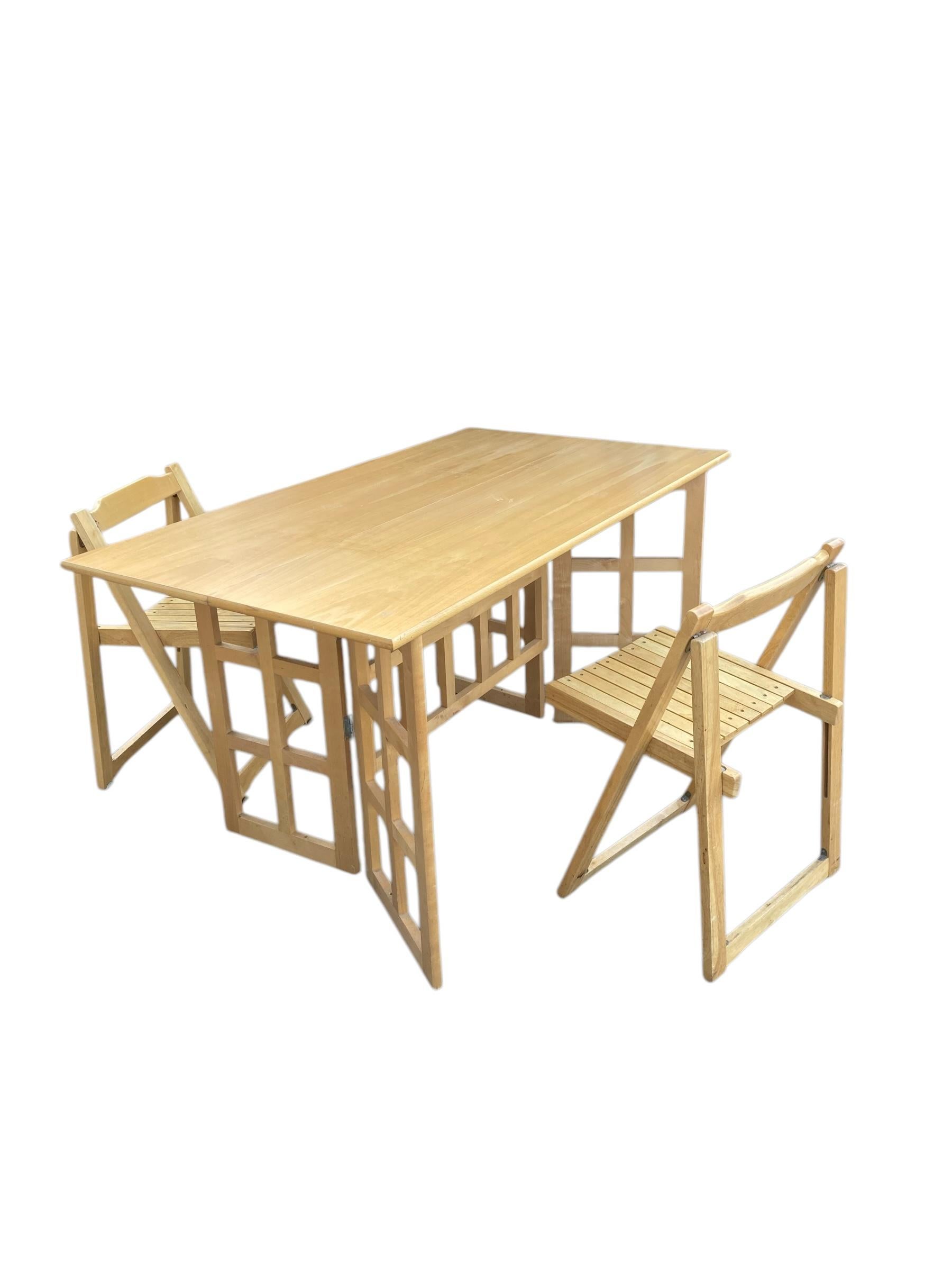 A Contemporary Folding Beechwood Desk with Two Drawers and two Folding Chairs For Sale 4