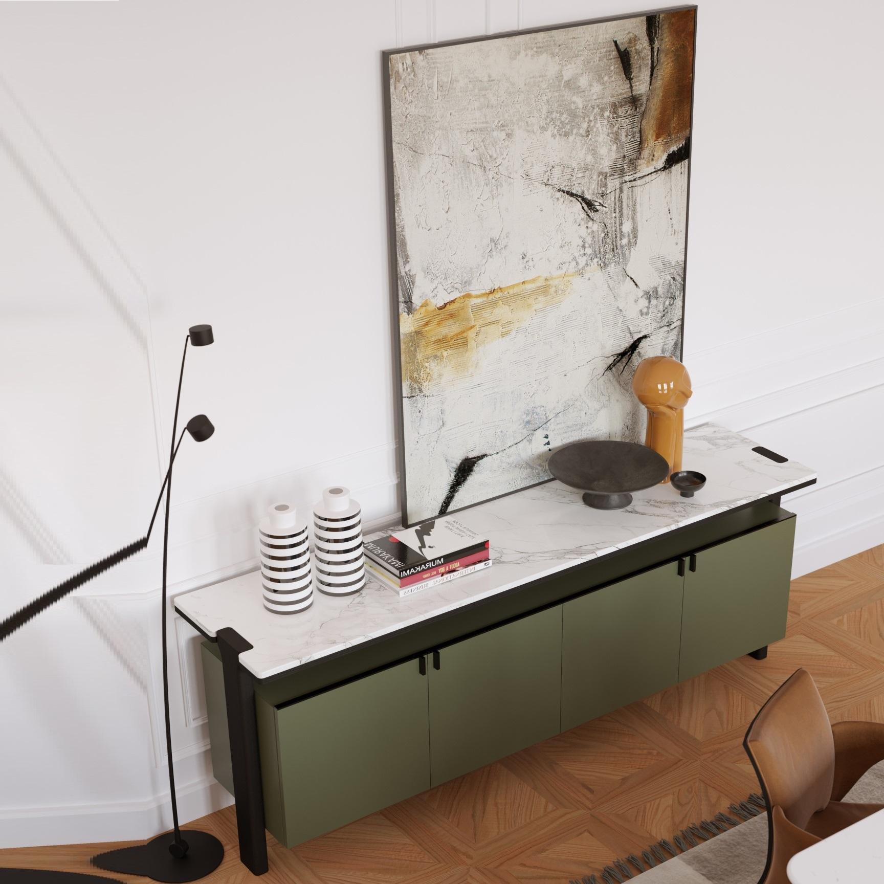 Dieses Sideboard besticht durch das Zusammenspiel von Materialien und verbindet modernes Design mit natürlicher Eleganz. Die warmen Holzbeine bilden ein erdendes Element, das einen schönen Kontrast zur luxuriösen Marmorplatte bildet. Seine klare,