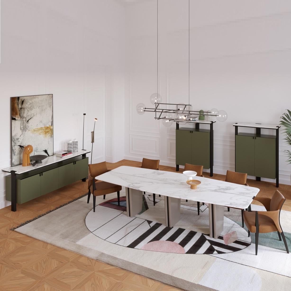 Ein zeitgenössisches lackiertes Sideboard mit einer Marmorplatte und Metallakzenten im Zustand „Neu“ im Angebot in NEW YORK, NY