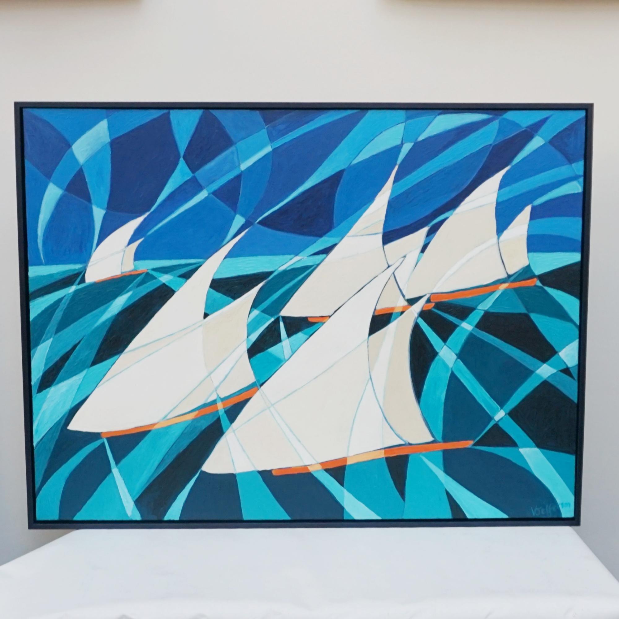 'Dhows' An Art Deco style contemporary painting by Vera Jefferson. Oil on canvas, depicting Dhows sailing against a stylised  backdrop on the open sea. Signed V Jefferson to lower right. 

Dimensions: H 95cm W 125cm

 Vera Jefferson trained at