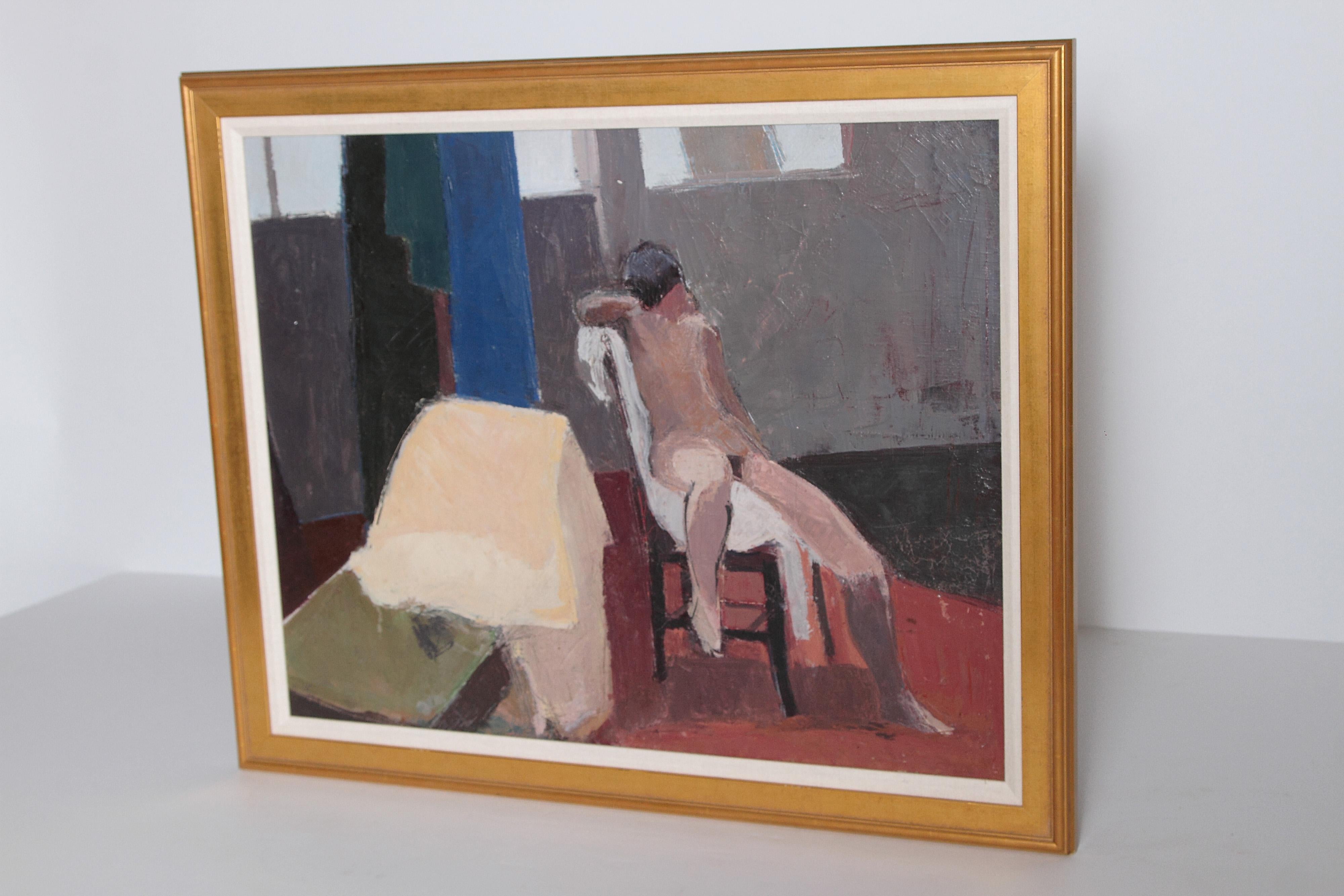 A contemporary oil on canvas of a nude in an interior seated on a chair in front of a wall with windows. Overall muted color palette of blue, green, gray, brown, red and cream. Framed in gold with a woven cloth liner. Signed 