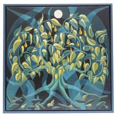 Contemporary Oil on Canvas Painting of a Pear Tree in the Moonlight