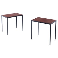 A Contemporary pair iron & hand stitched leather end tables, manner of J-M Frank