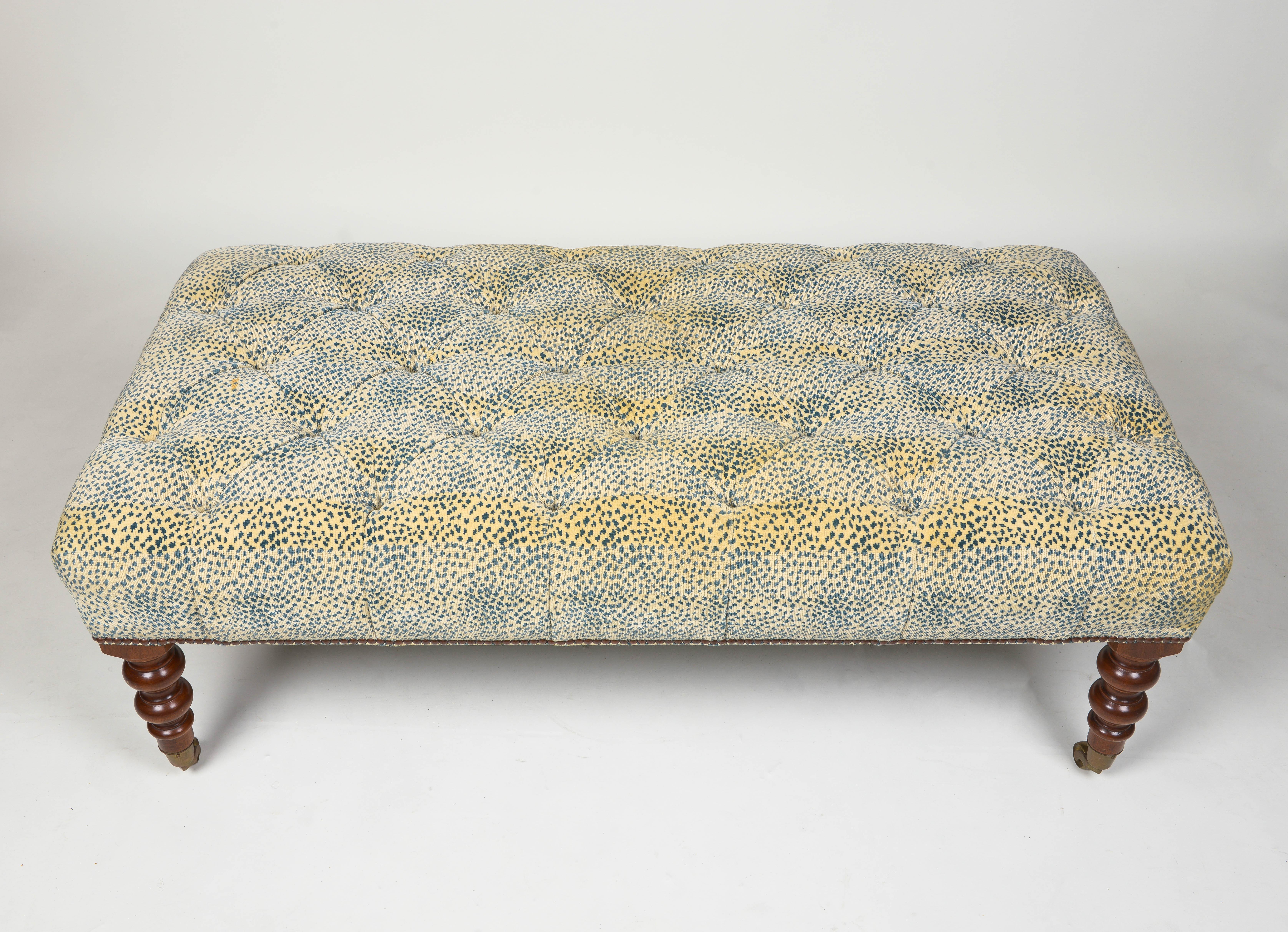 Turned Contemporary Tufted Chenille and Walnut Ottoman
