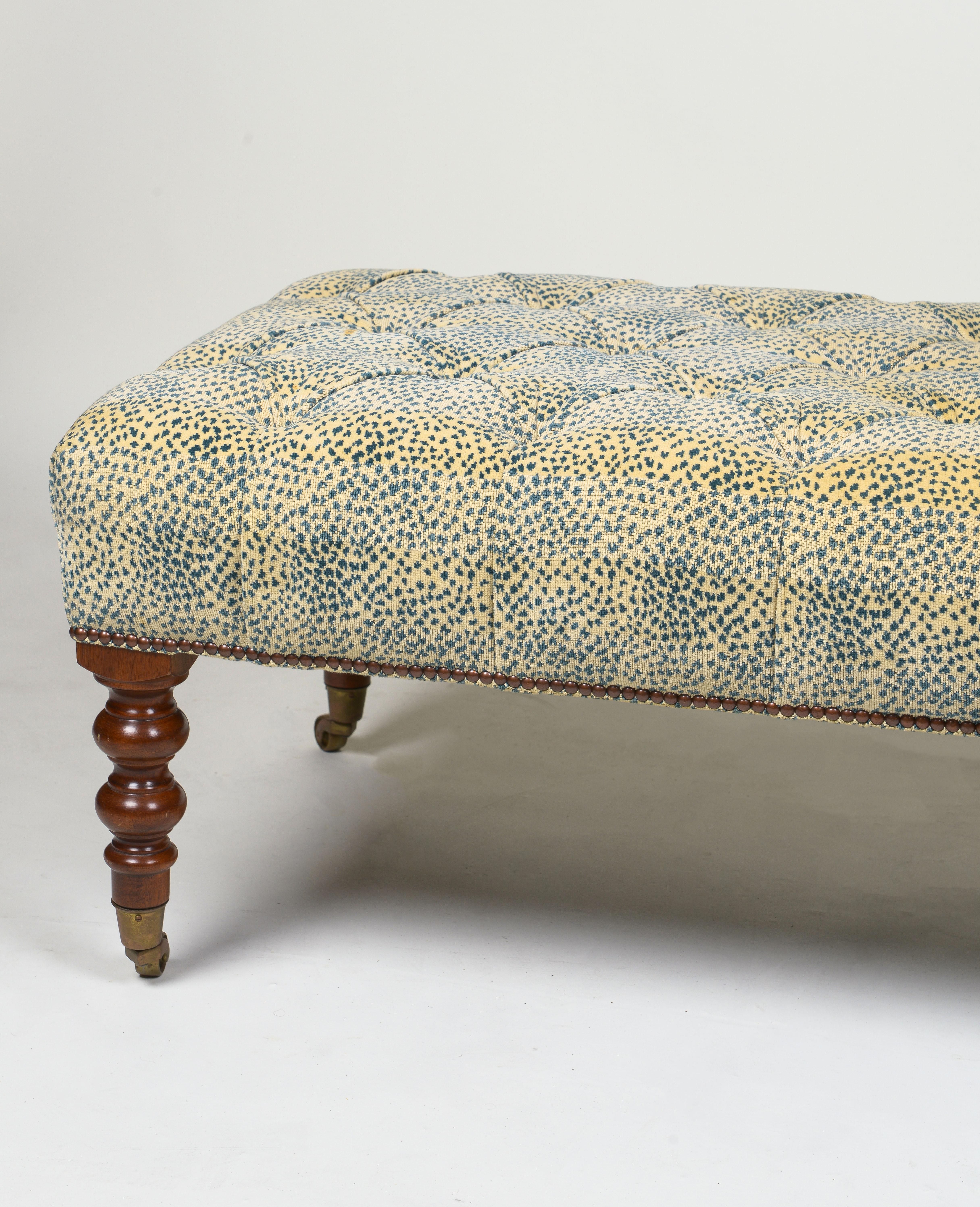 Brass Contemporary Tufted Chenille and Walnut Ottoman
