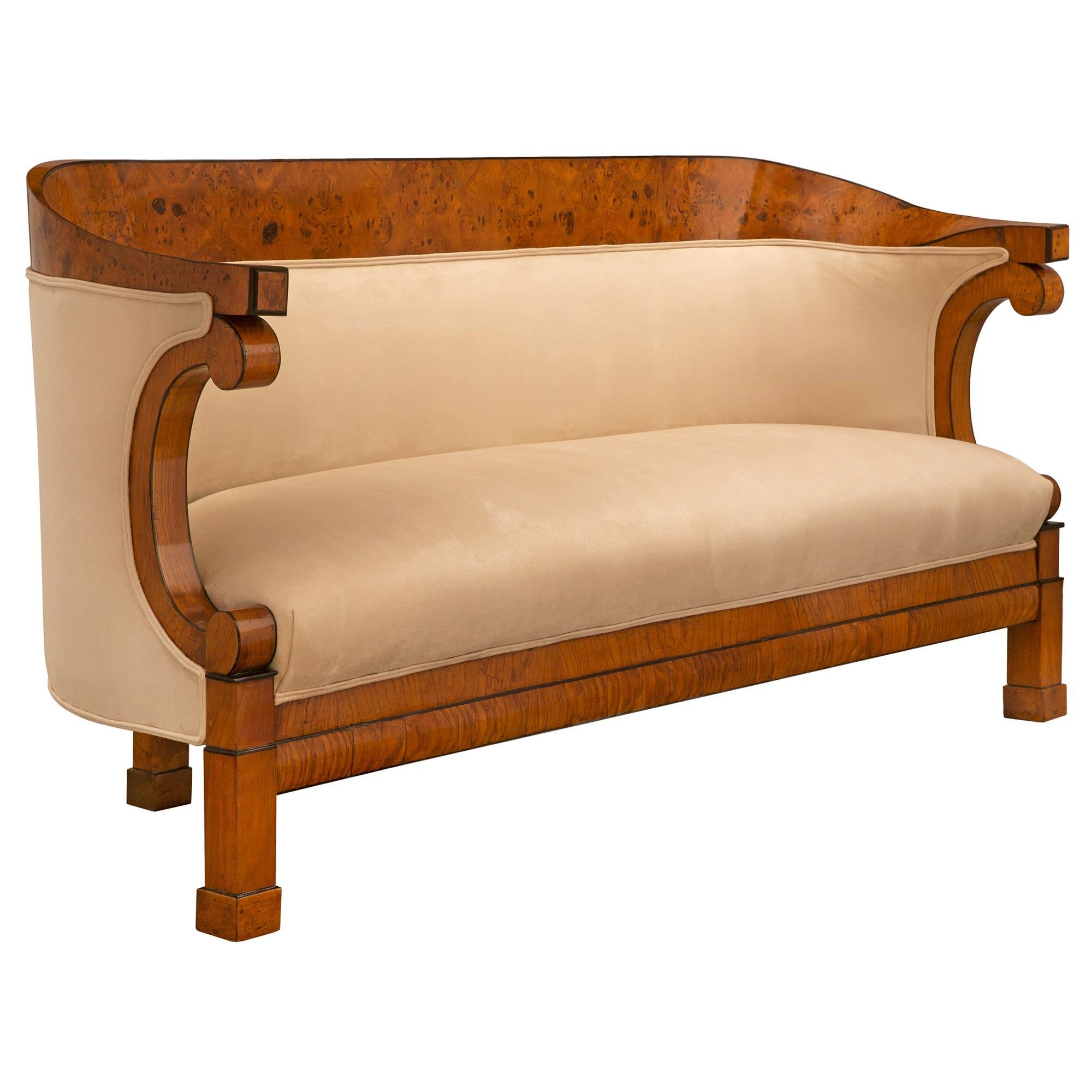 German A Continental 19th century Biedermeier st. Burl Birch and fruitwood settee For Sale