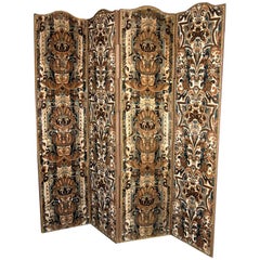 A Continental Antique Textile Covered Four Fold Screens
