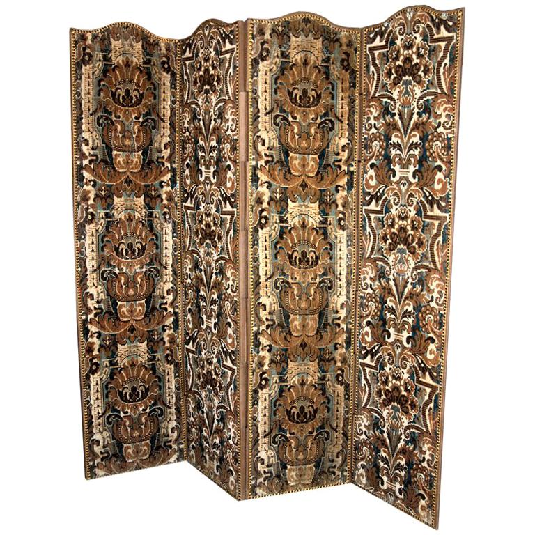 A Continental Antique Textile Covered Four Fold Screens For Sale