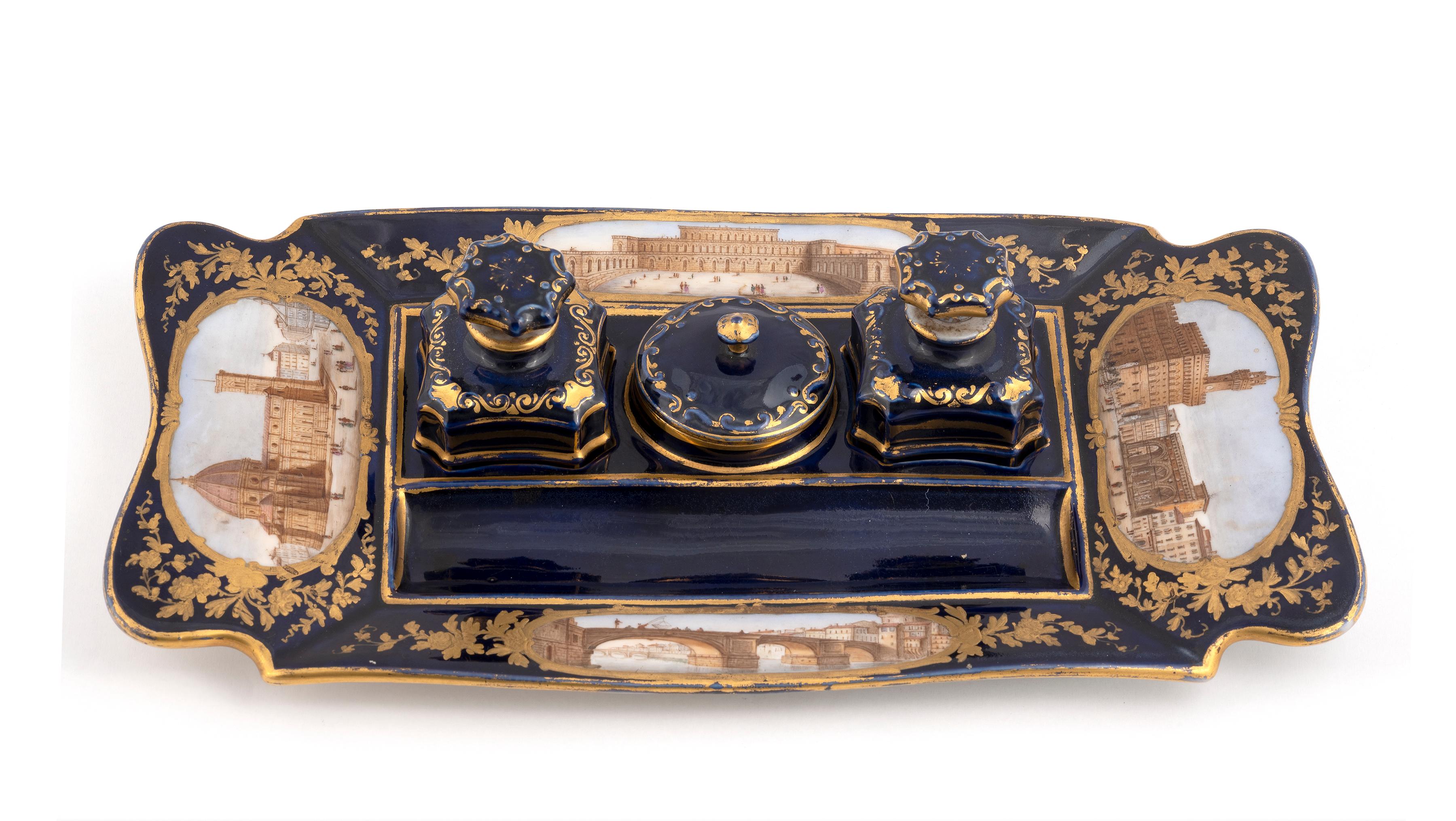 Enameled Continental Blue Ground and Gilt Porcelain Grand Tour Inkstand For Sale