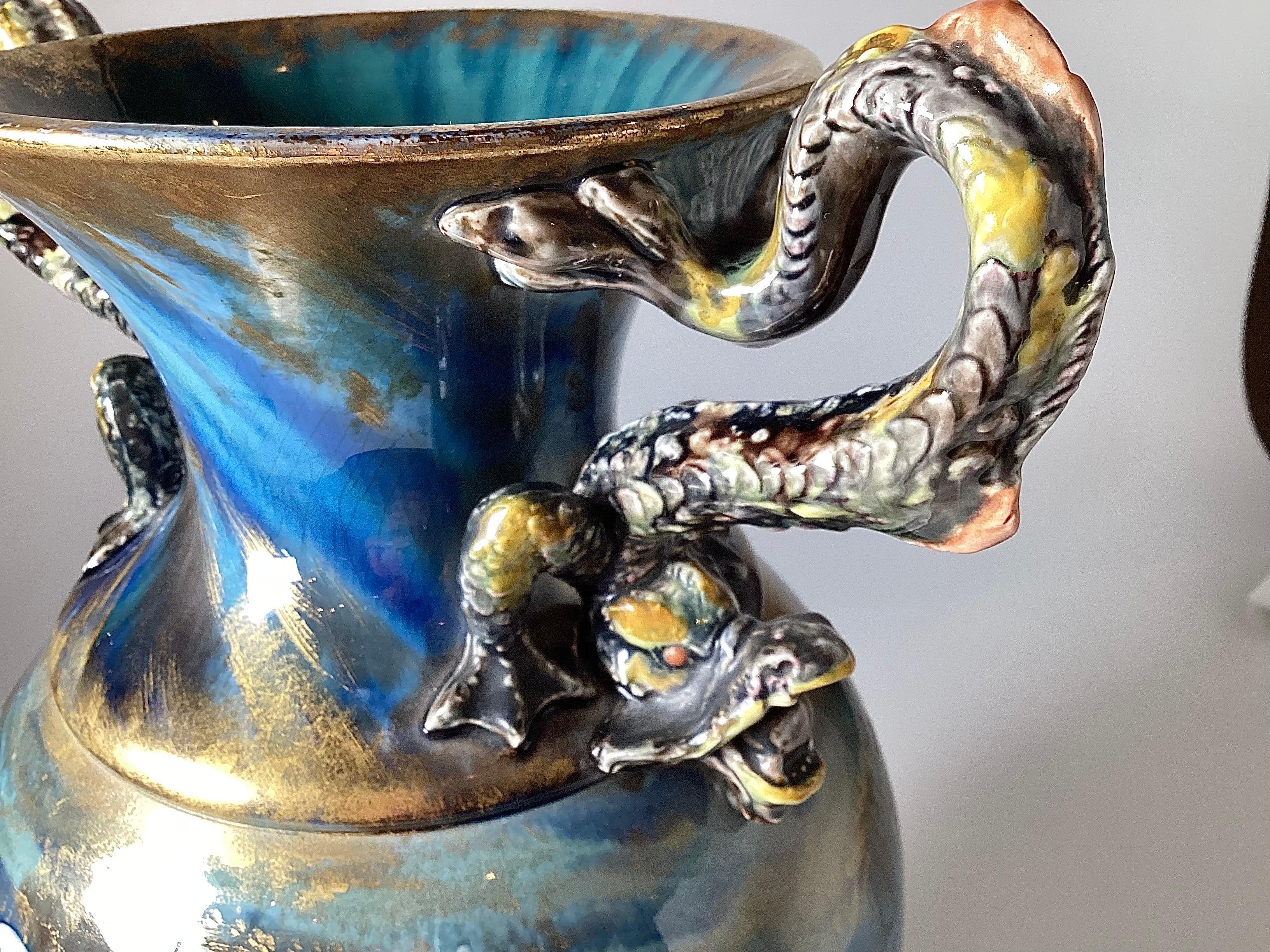 Continental Hand Painted Large Aquatic Dragon Handled Vase For Sale 3