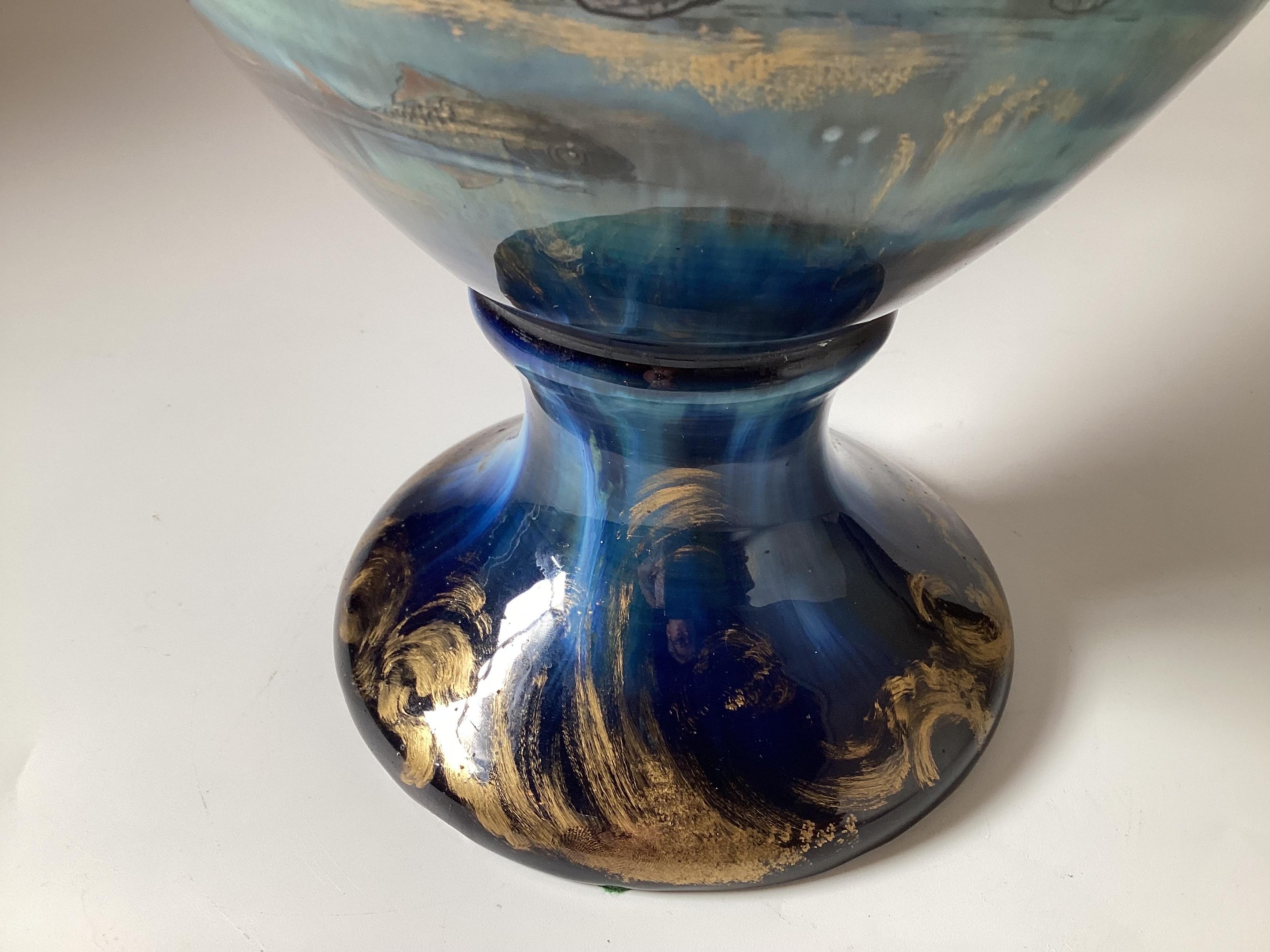 Continental Hand Painted Large Aquatic Dragon Handled Vase For Sale 5