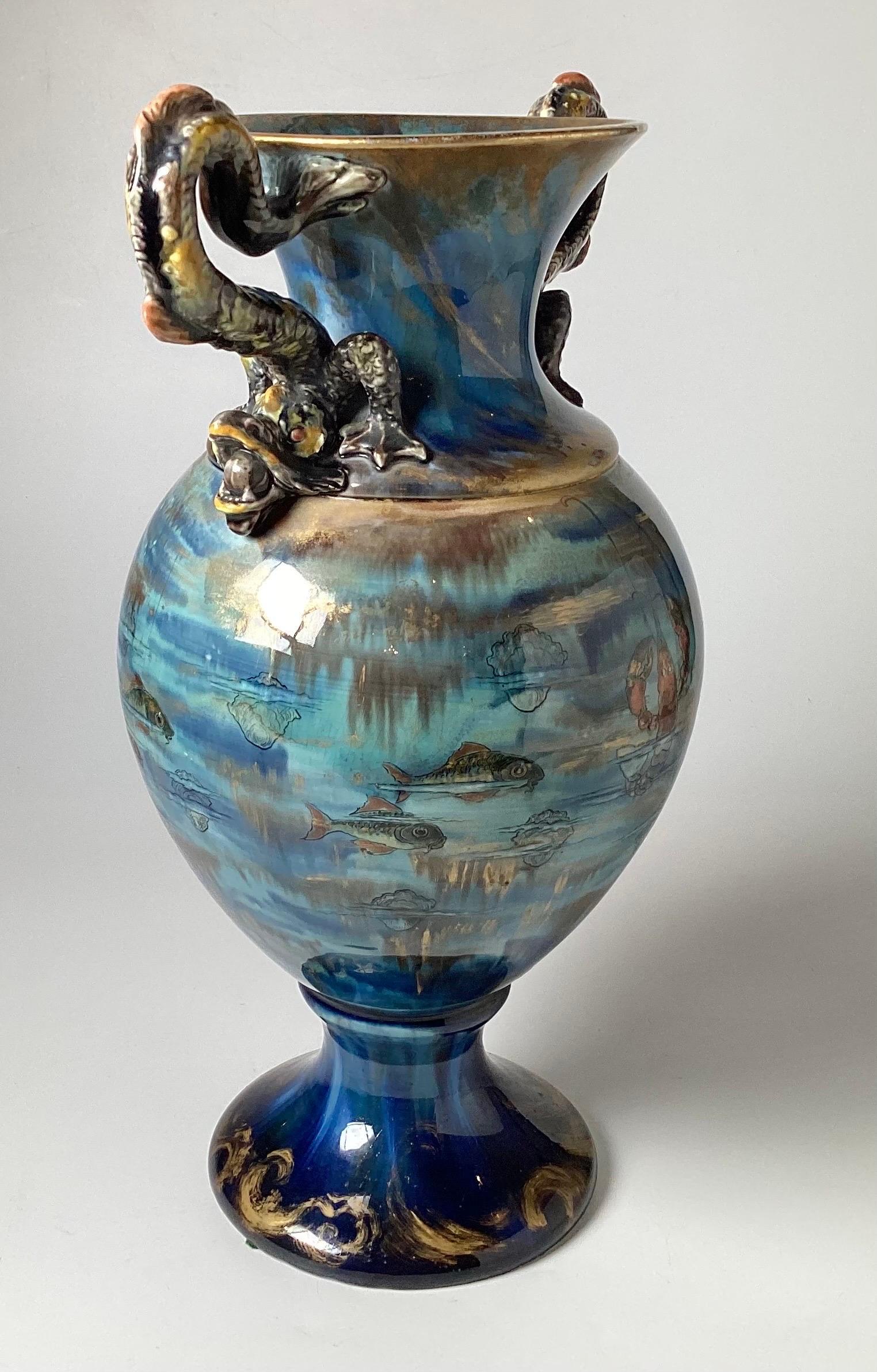 European Continental Hand Painted Large Aquatic Dragon Handled Vase For Sale