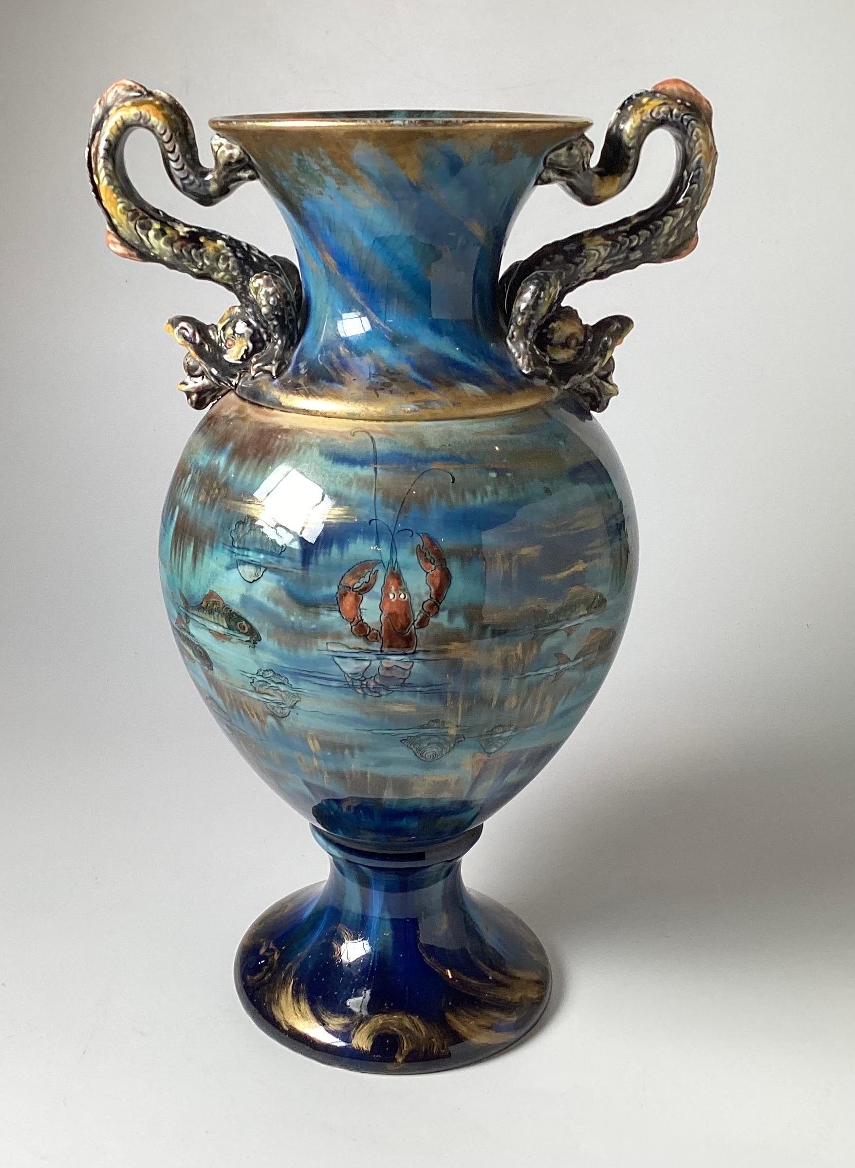 Hand-Painted Continental Hand Painted Large Aquatic Dragon Handled Vase For Sale