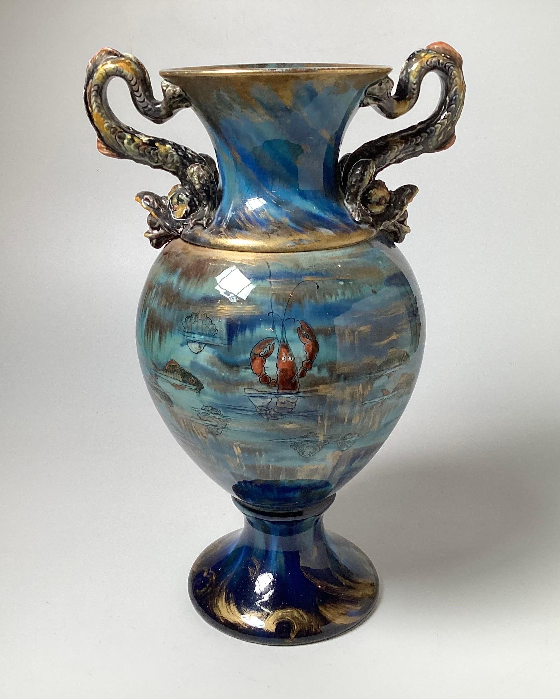 Continental Hand Painted Large Aquatic Dragon Handled Vase In Good Condition For Sale In Lambertville, NJ