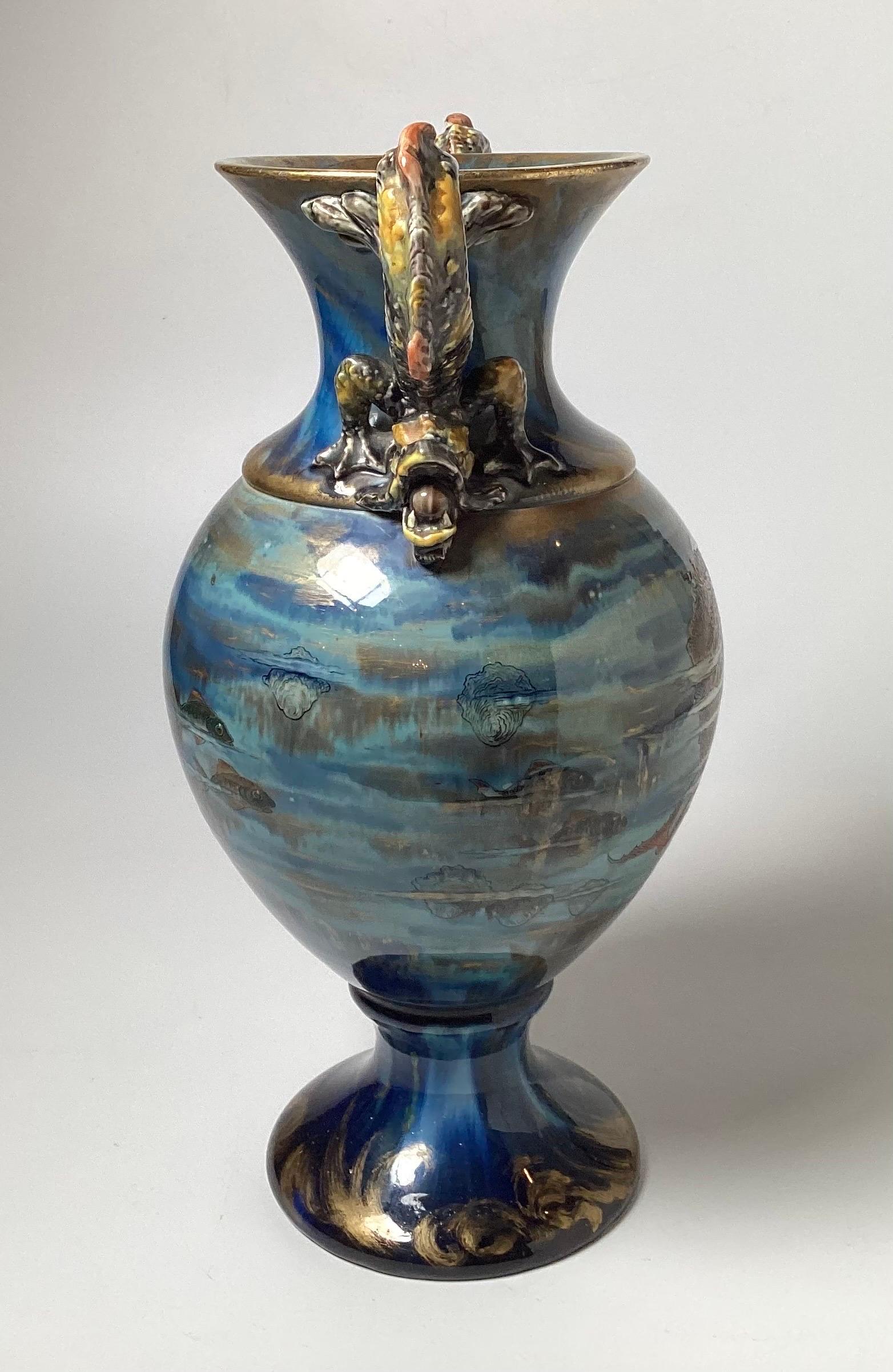 Late 19th Century Continental Hand Painted Large Aquatic Dragon Handled Vase For Sale