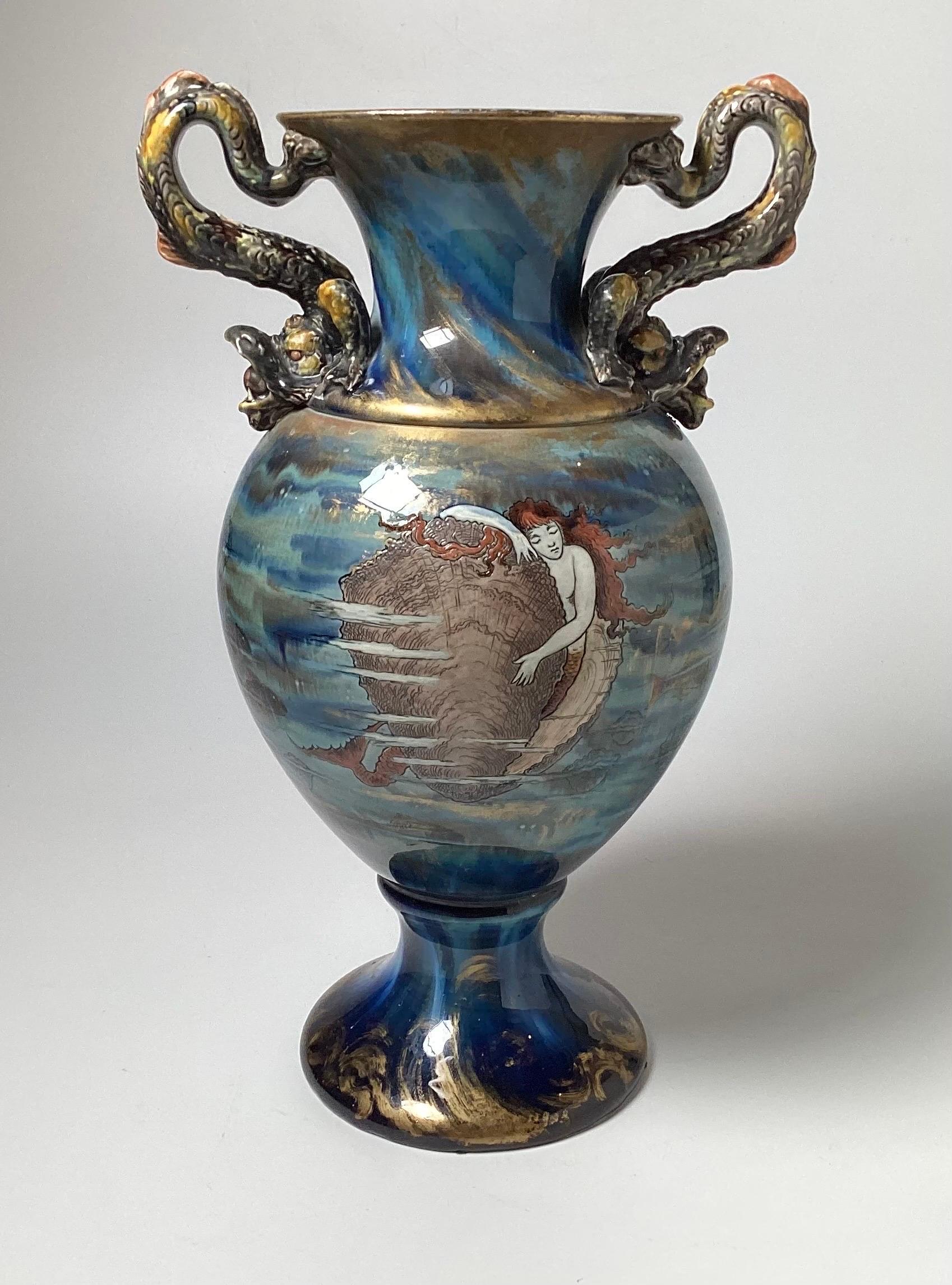 Pottery Continental Hand Painted Large Aquatic Dragon Handled Vase For Sale