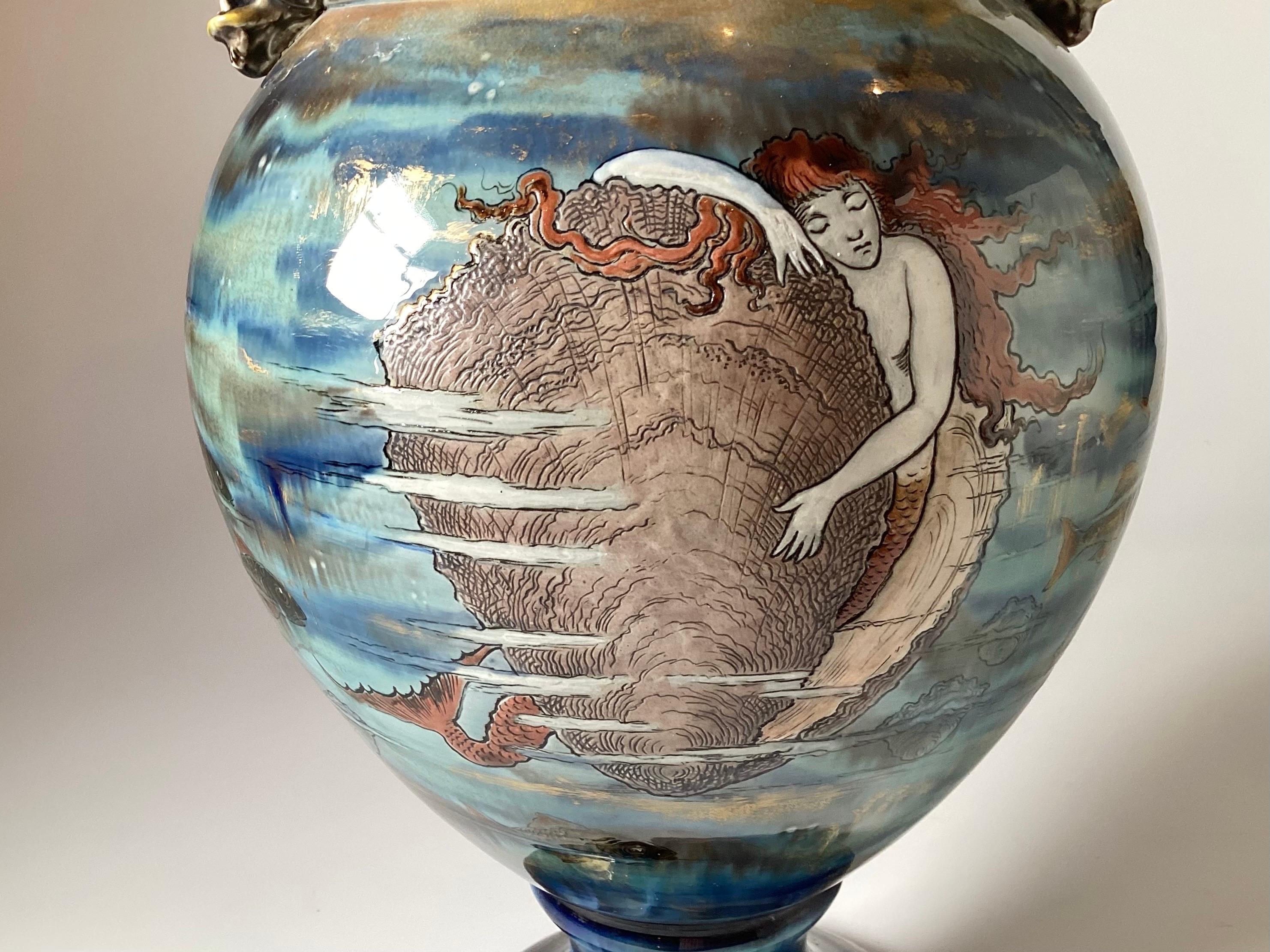 Continental Hand Painted Large Aquatic Dragon Handled Vase For Sale 1