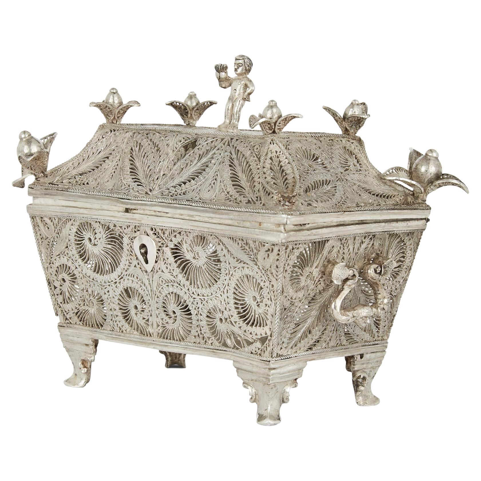 Continental Miniature Silver Filigree Decorative Box For Sale