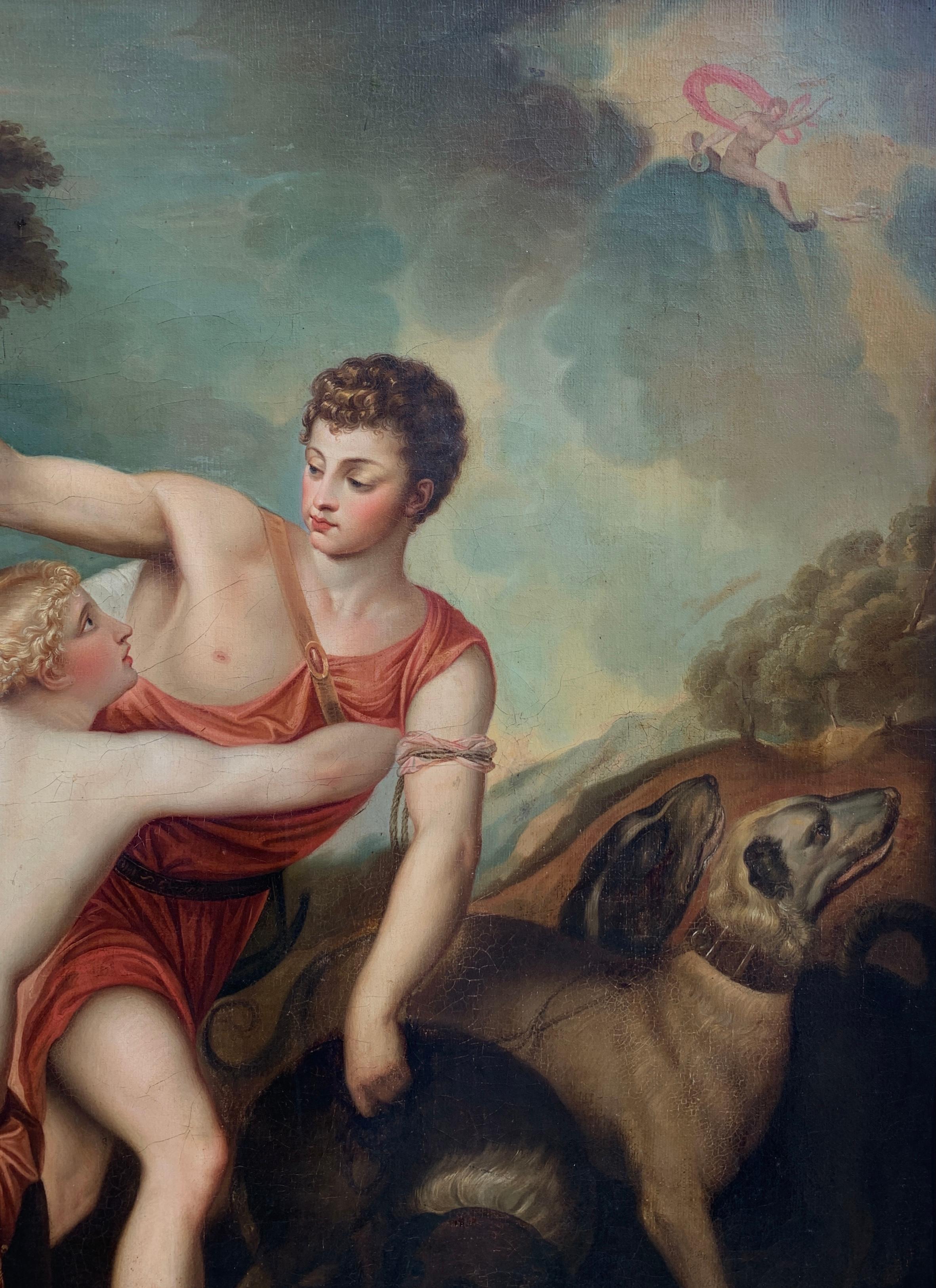 British Continental Mythological Antique Oil on Canvas of  Venus and Adonis For Sale