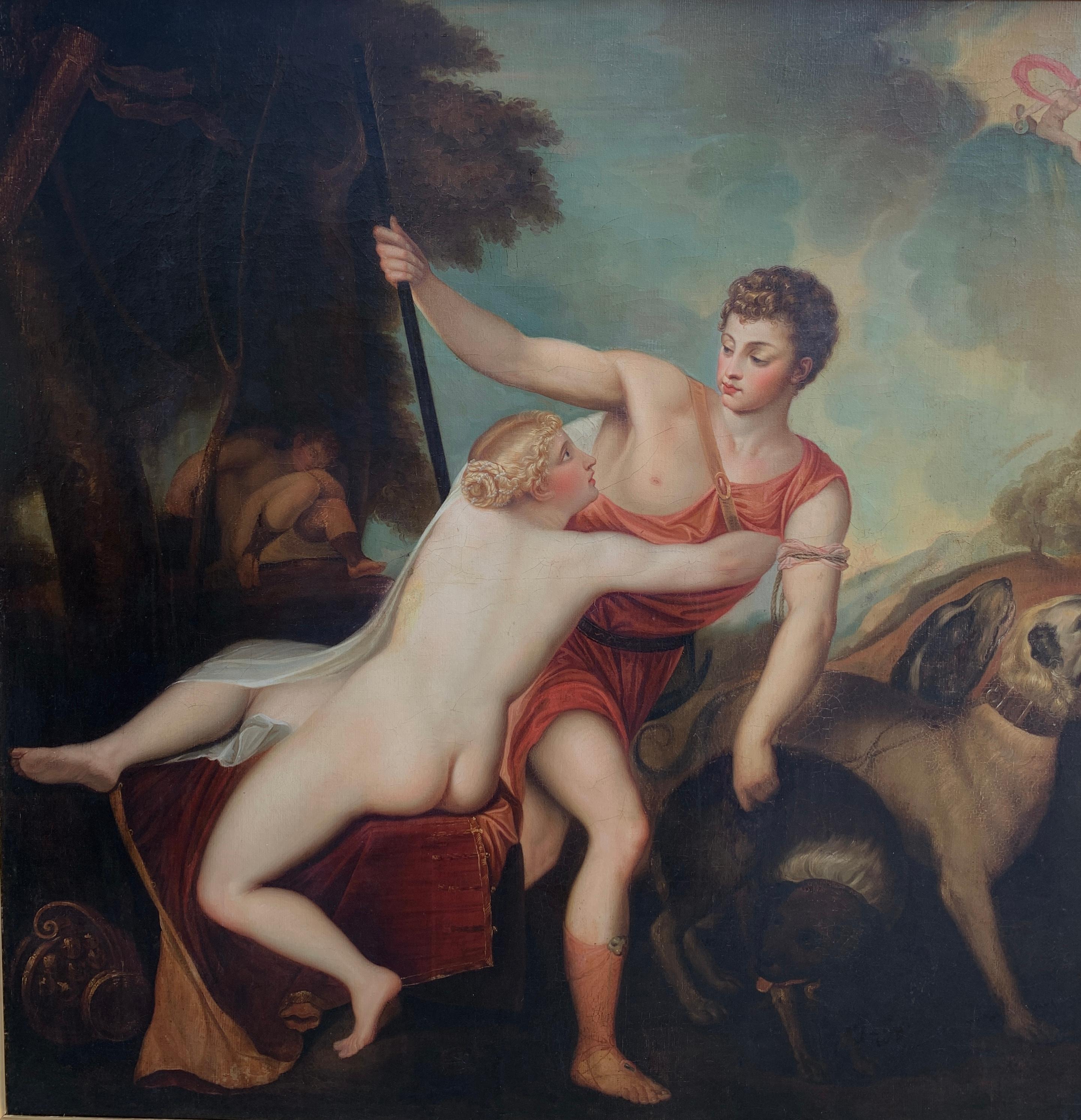 Renaissance Huile sur toile ancienne mythologique continentale de style mythologique  Vénus et Adonis en vente