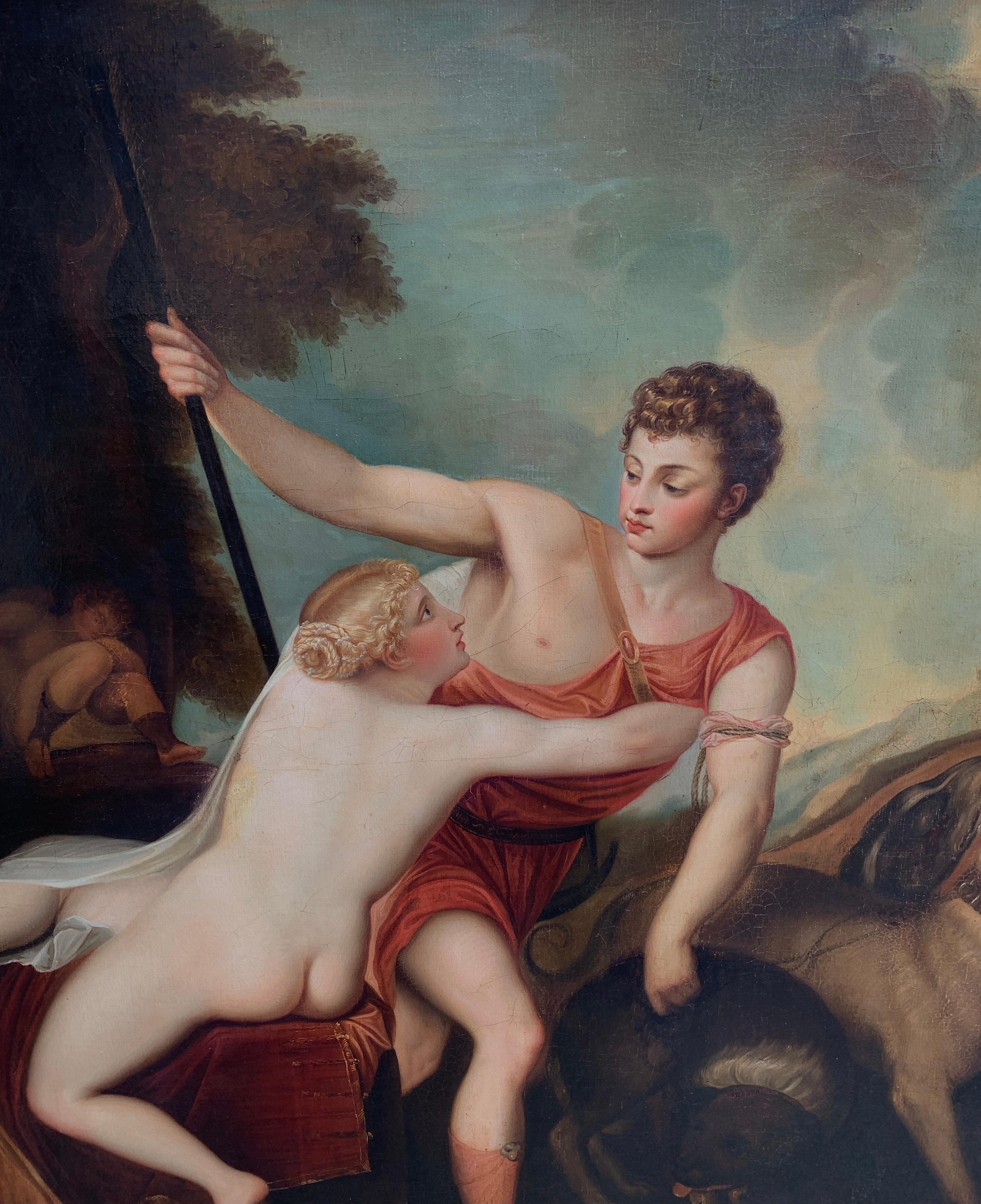 Britannique Huile sur toile ancienne mythologique continentale de style mythologique  Vénus et Adonis en vente