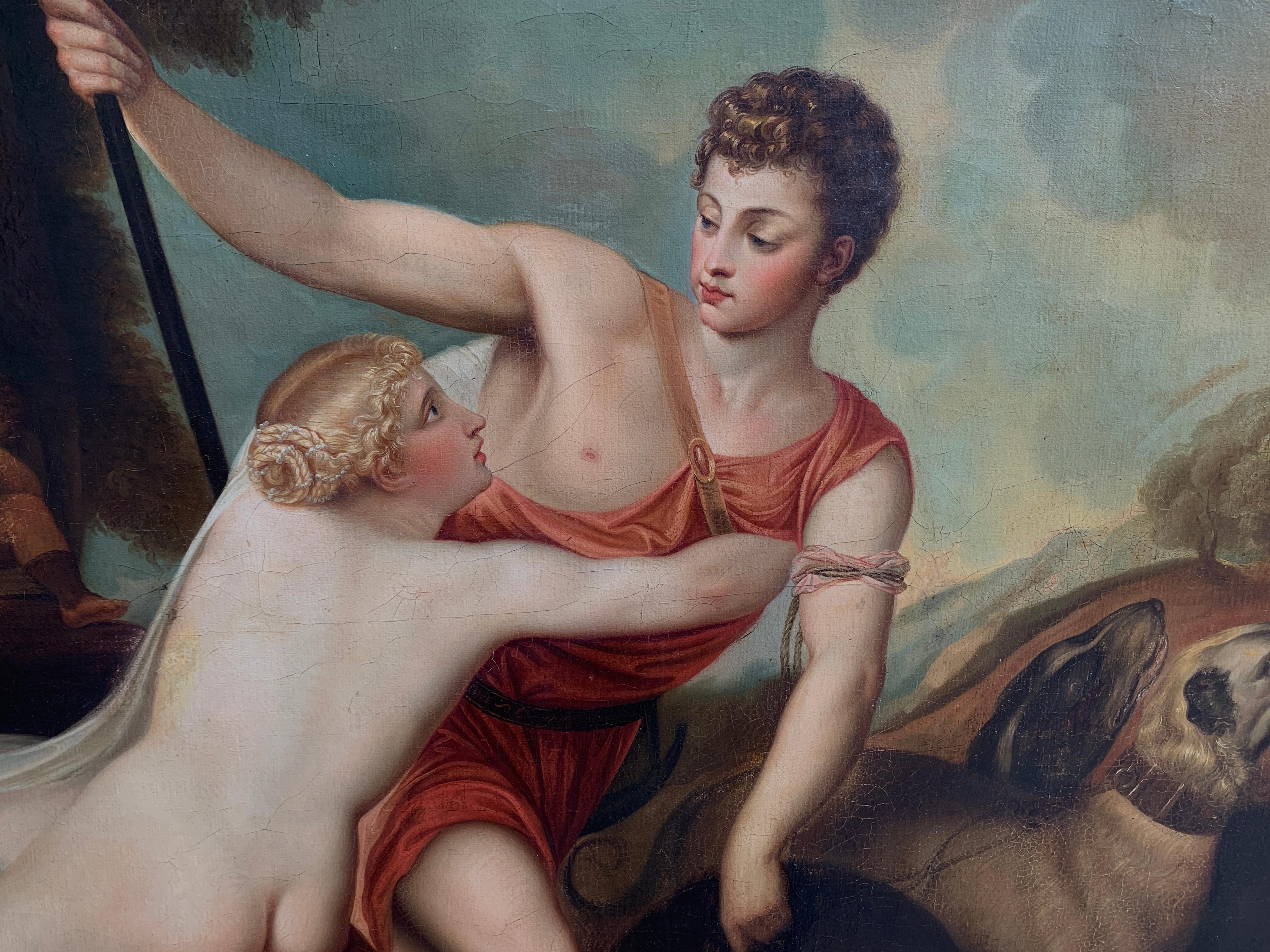 Hand-Painted Continental Mythological Antique Oil on Canvas of  Venus and Adonis For Sale