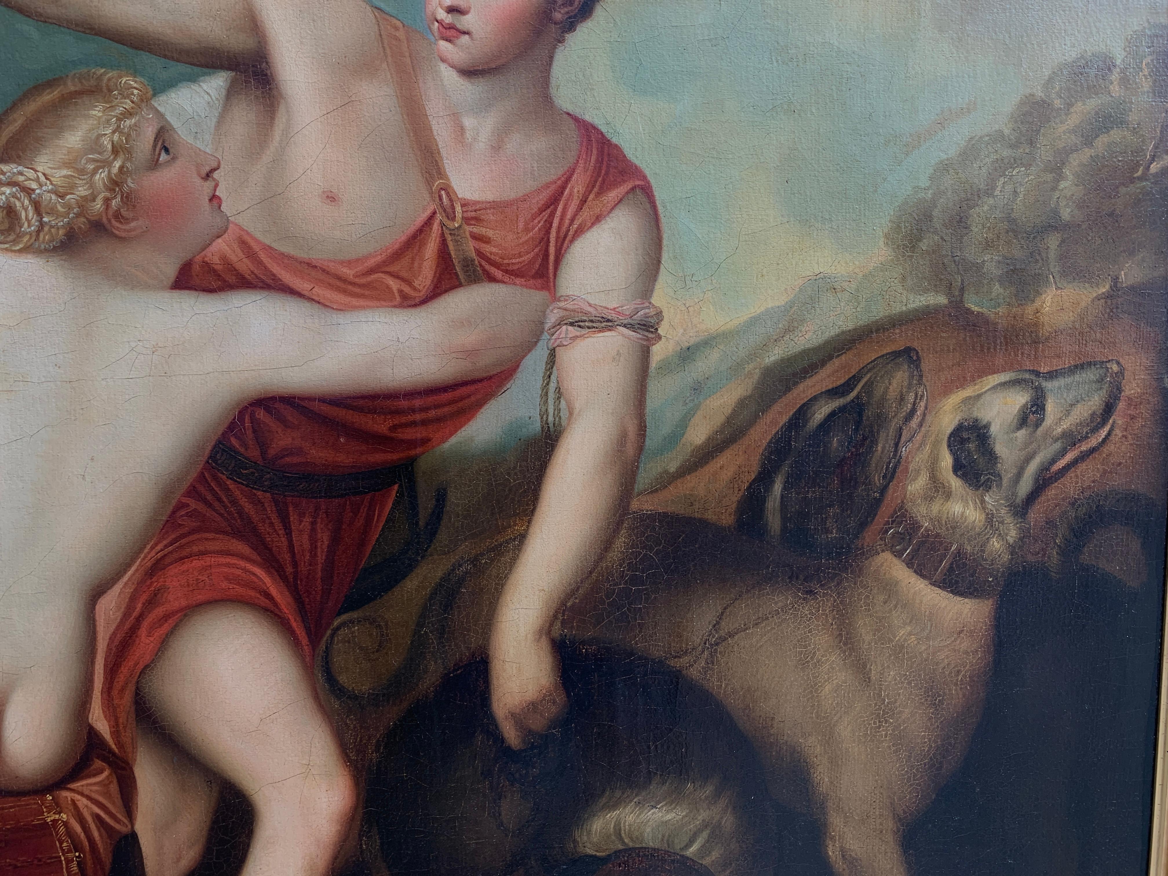 Milieu du XIXe siècle Huile sur toile ancienne mythologique continentale de style mythologique  Vénus et Adonis en vente