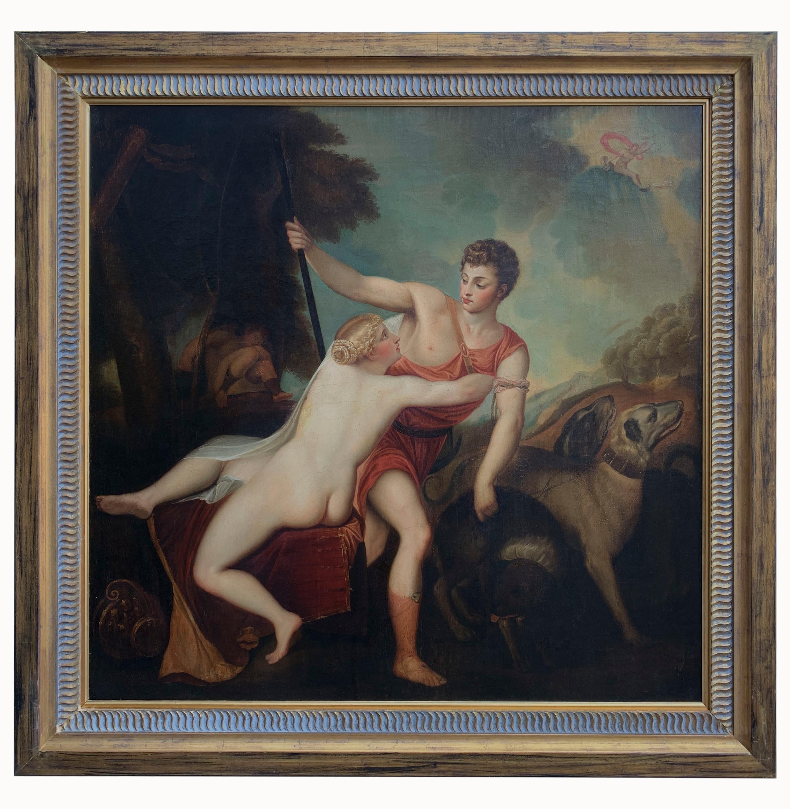 Huile sur toile ancienne mythologique continentale de style mythologique  Vénus et Adonis en vente
