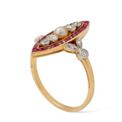 A Continental Pearl, Diamond And Synthetic Ruby Navette Ring