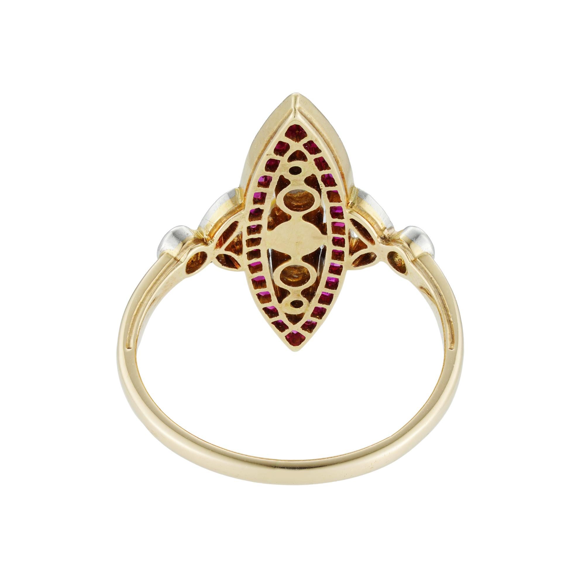 Edwardian A Continental Pearl, Diamond And Synthetic Ruby Navette Ring For Sale