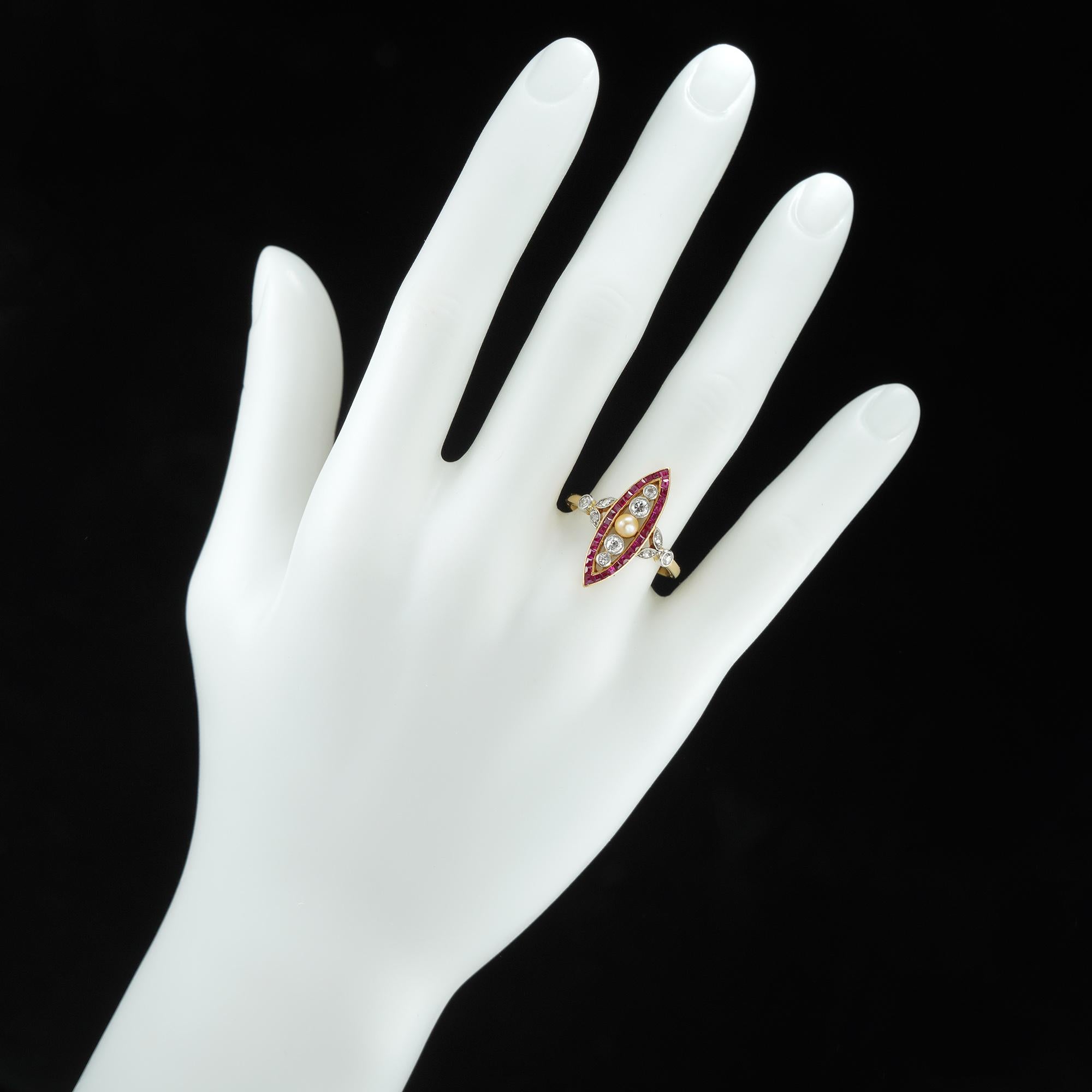 Mixed Cut A Continental Pearl, Diamond And Synthetic Ruby Navette Ring For Sale