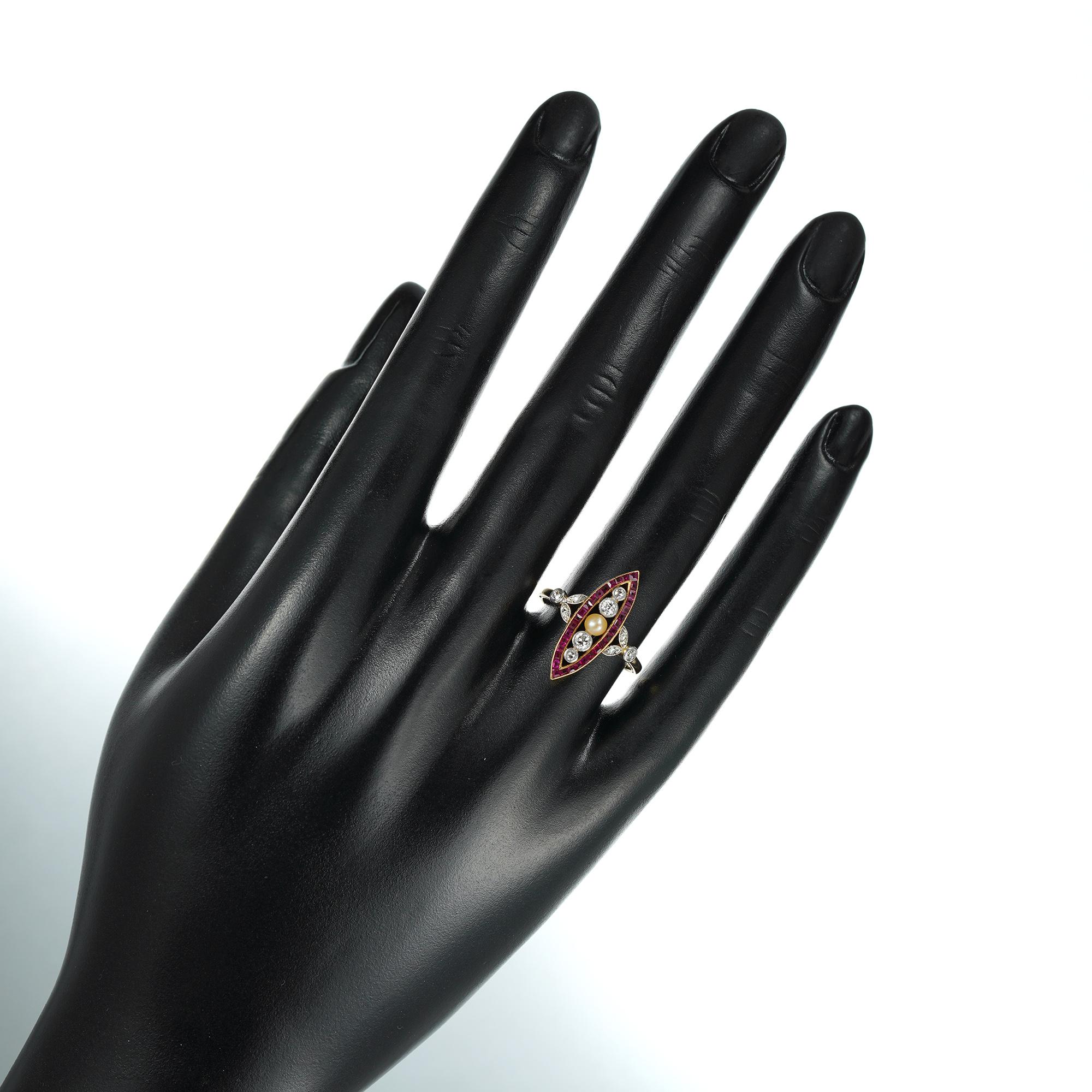 A Continental Pearl, Diamond And Synthetic Ruby Navette Ring In Good Condition For Sale In London, GB