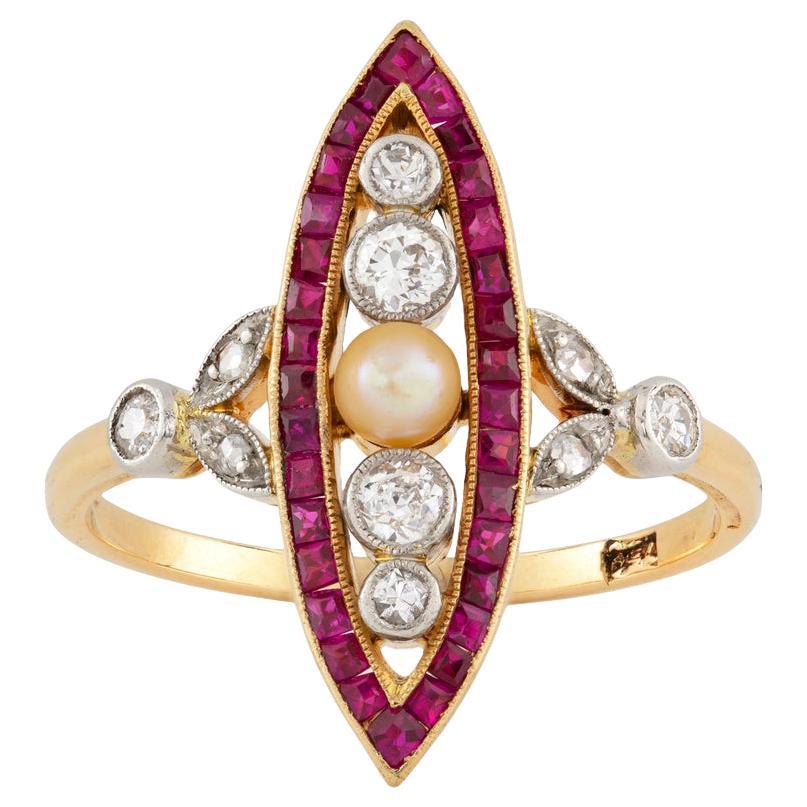 A Continental Pearl, Diamond And Synthetic Ruby Navette Ring