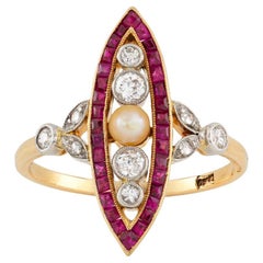 A Continental Pearl, Diamond And Synthetic Ruby Navette Ring