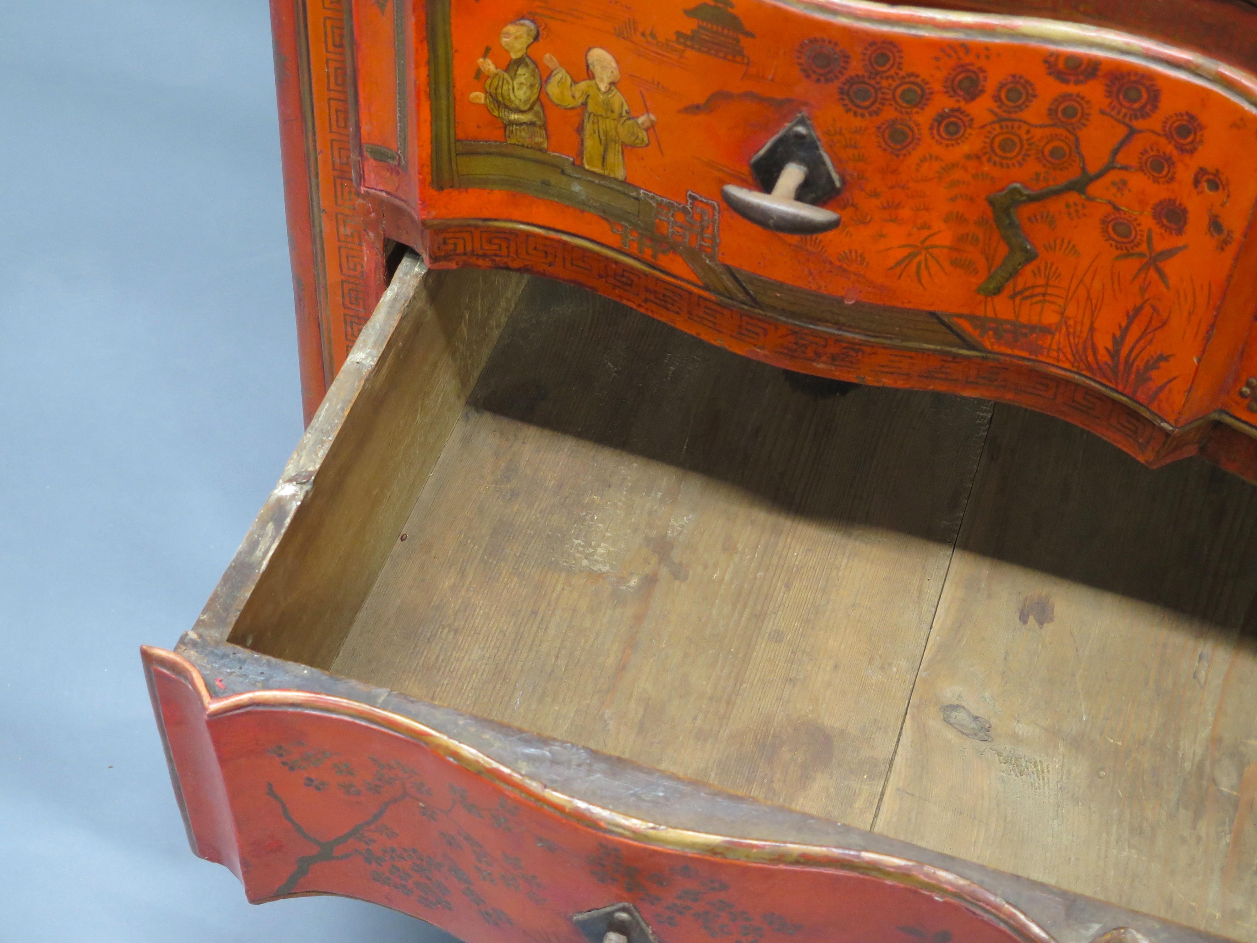 Continental Red Chinoiserie Three Drawer Commode For Sale 7