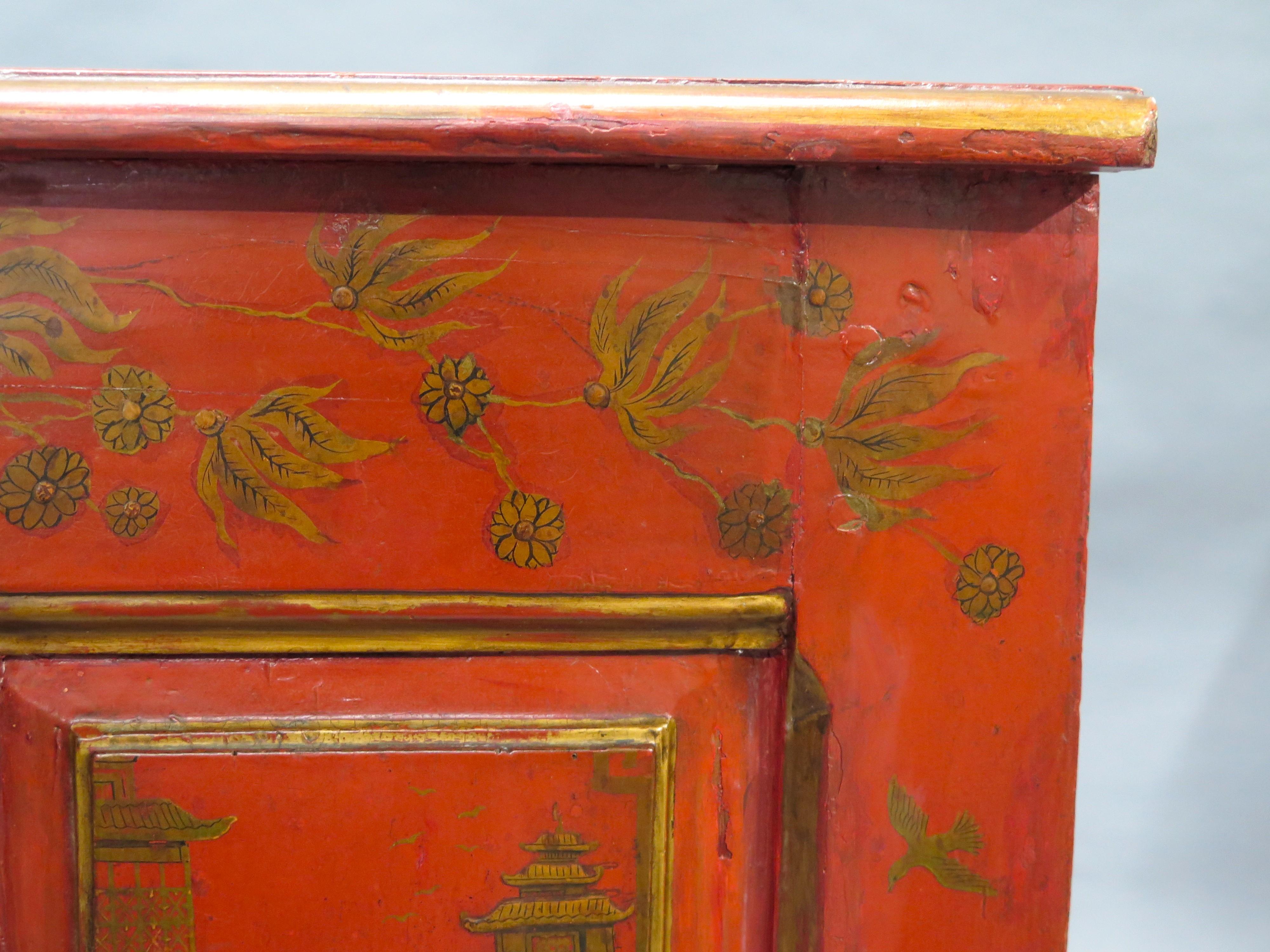 Continental Red Chinoiserie Three Drawer Commode For Sale 8