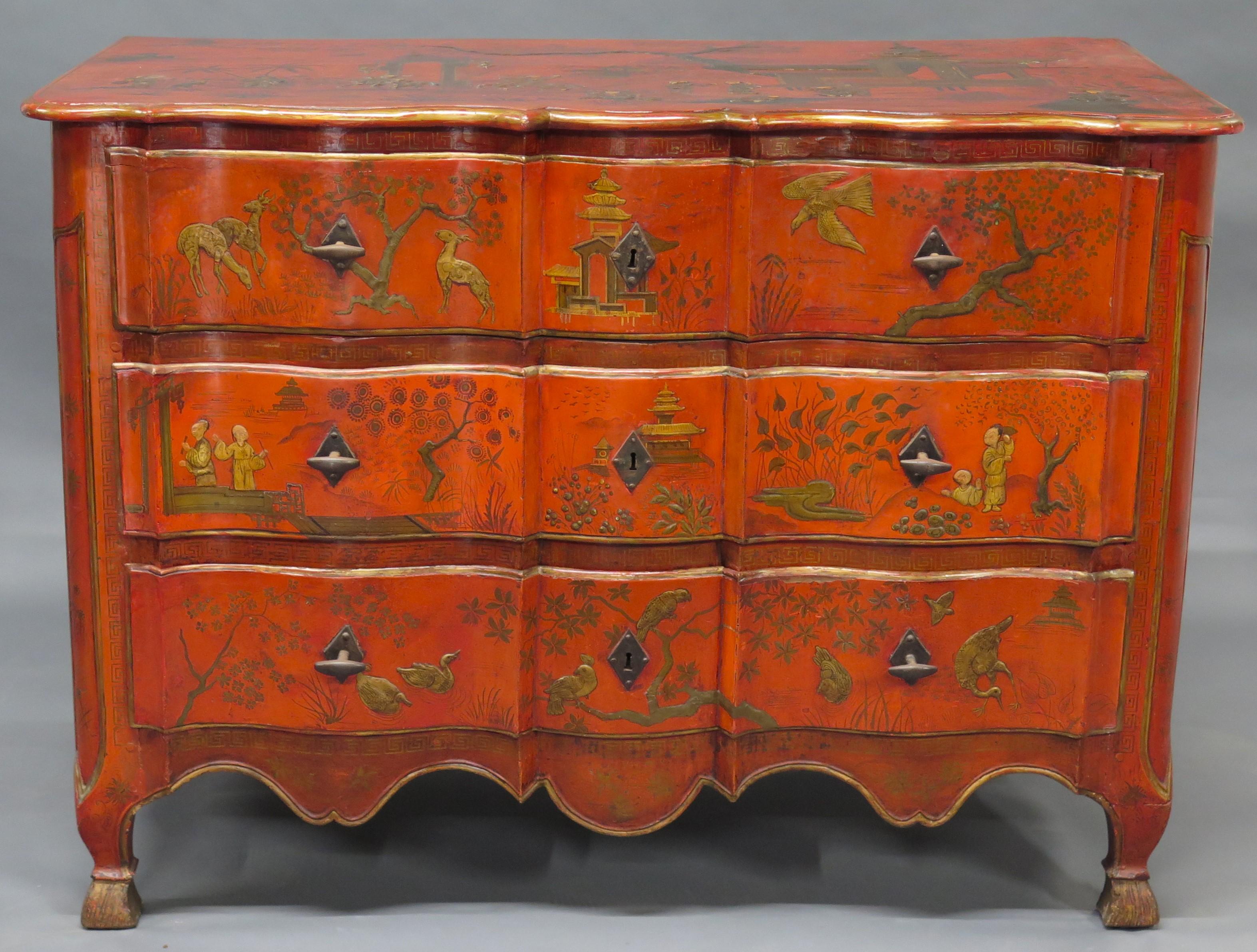 Continental Red Chinoiserie Three Drawer Commode For Sale 13