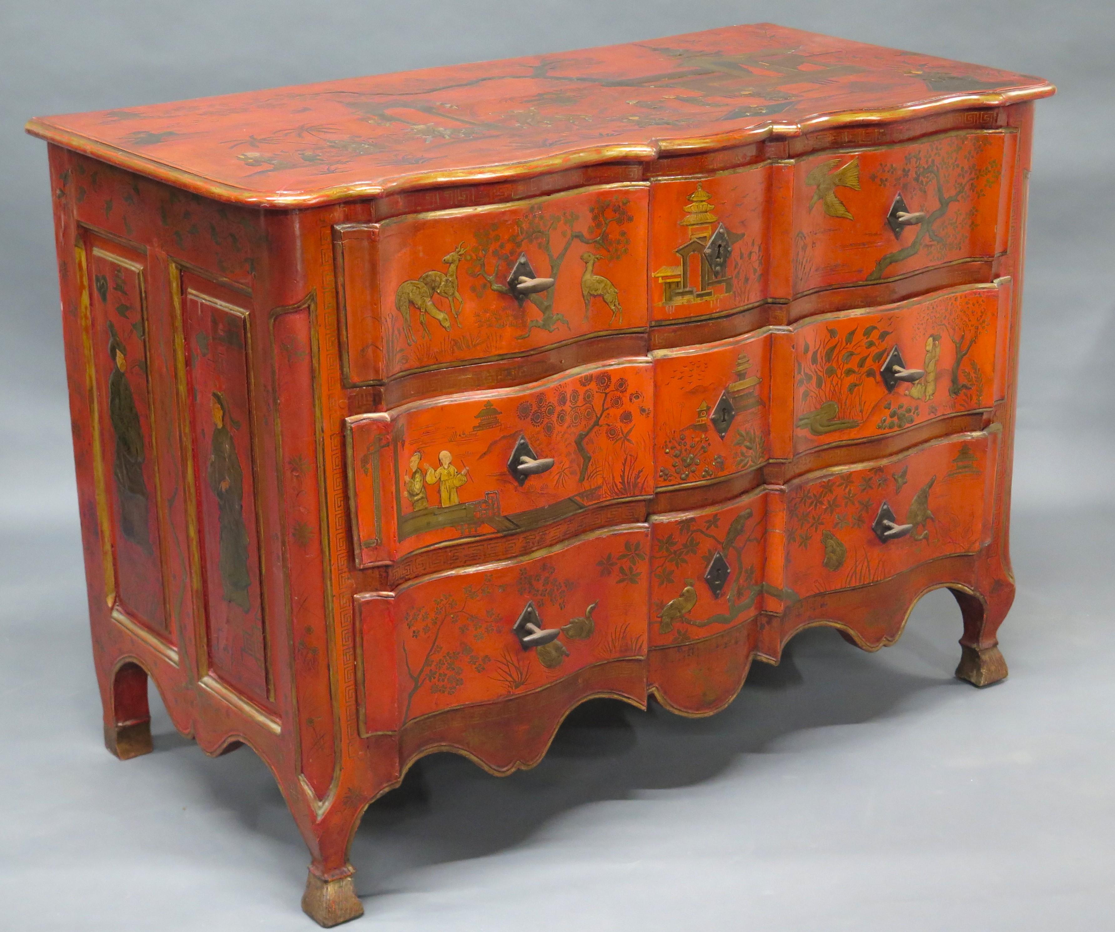 European Continental Red Chinoiserie Three Drawer Commode For Sale
